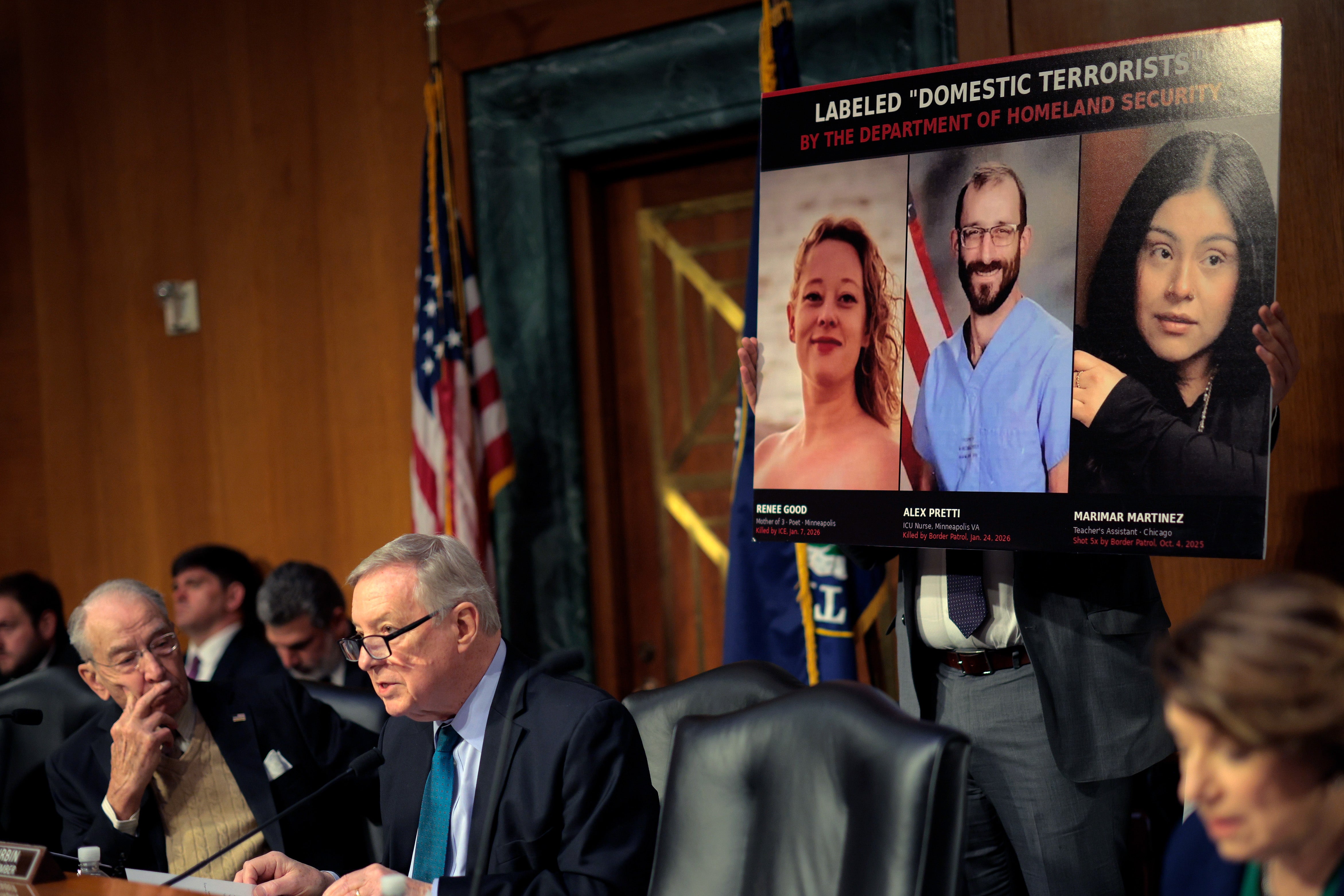 Democrats on the Senate Judiciary Committee grilled Noem about the shootings of Renee Good, Alex Pretti and Marimar Martinez. Noem said she wasn’t even familiar with the case of Martinez (right) being shot five times by Border Patrol