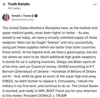 Donald Trump, u objavi na Truth Social, kaže da se ratovi mogu voditi 'zauvijek' koristeći američke zalihe streljiva