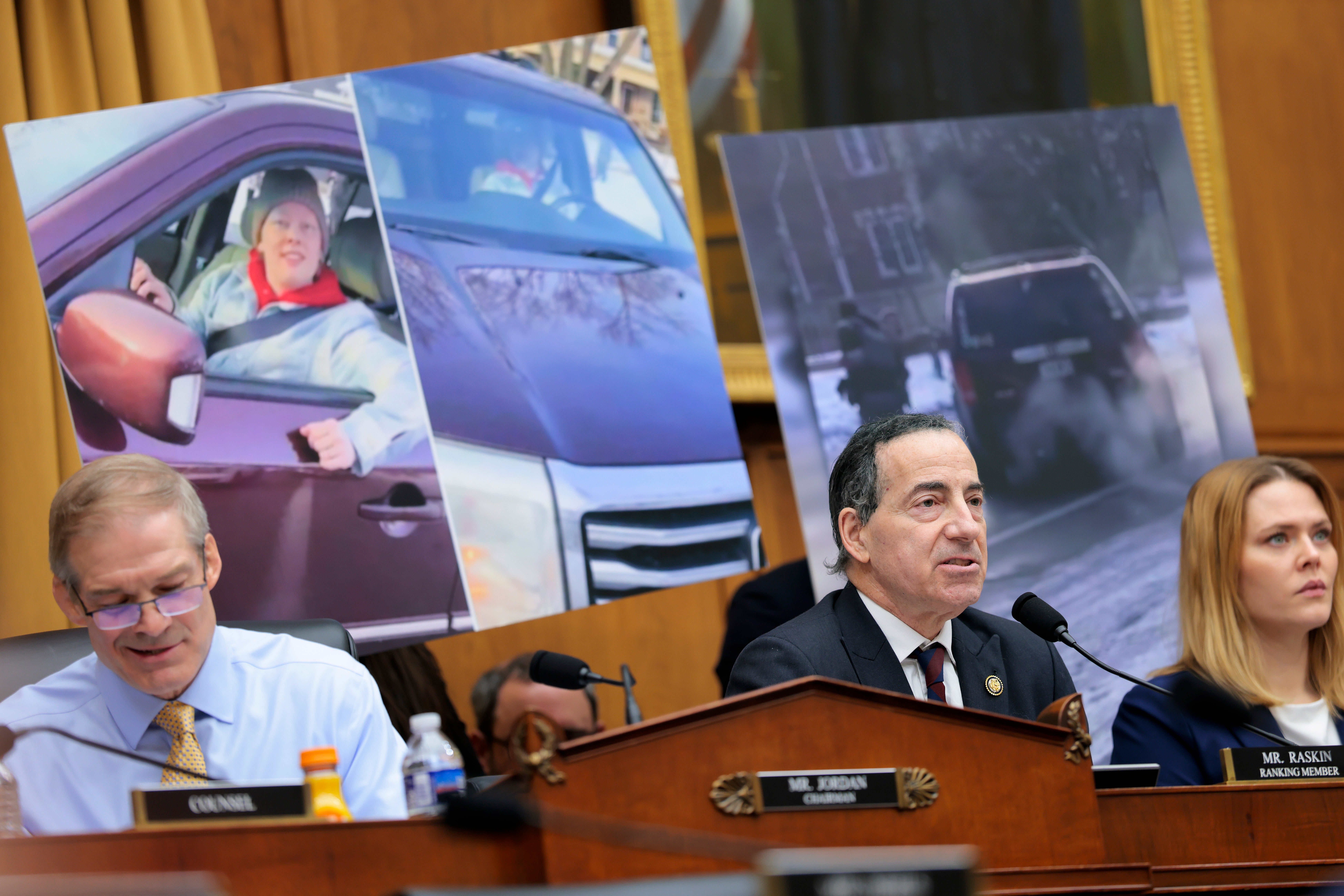During the hearing Wednesday, Raskin repeatedly asked Noem if she regretted her comments about Renee Good and Alex Pretti. Pictures of Good, moments before she was shot dead, can be seen in the background