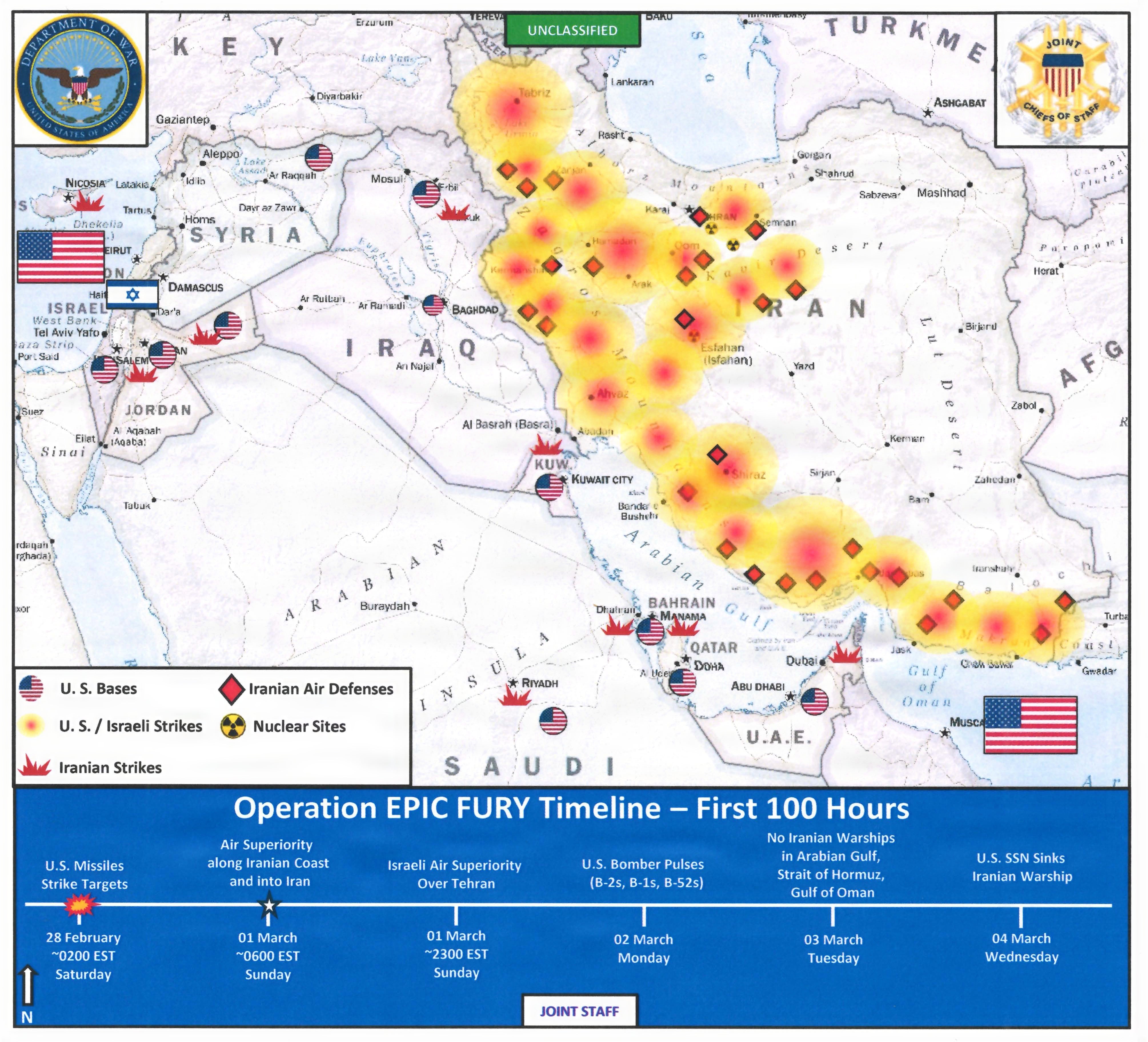 A representation detailing nan first 100 hours of Operation Epic Fury appears to show Minab, adjacent nan Strait of Hormuz successful confederate Iran, betwixt 2 Iranian aerial defense targets