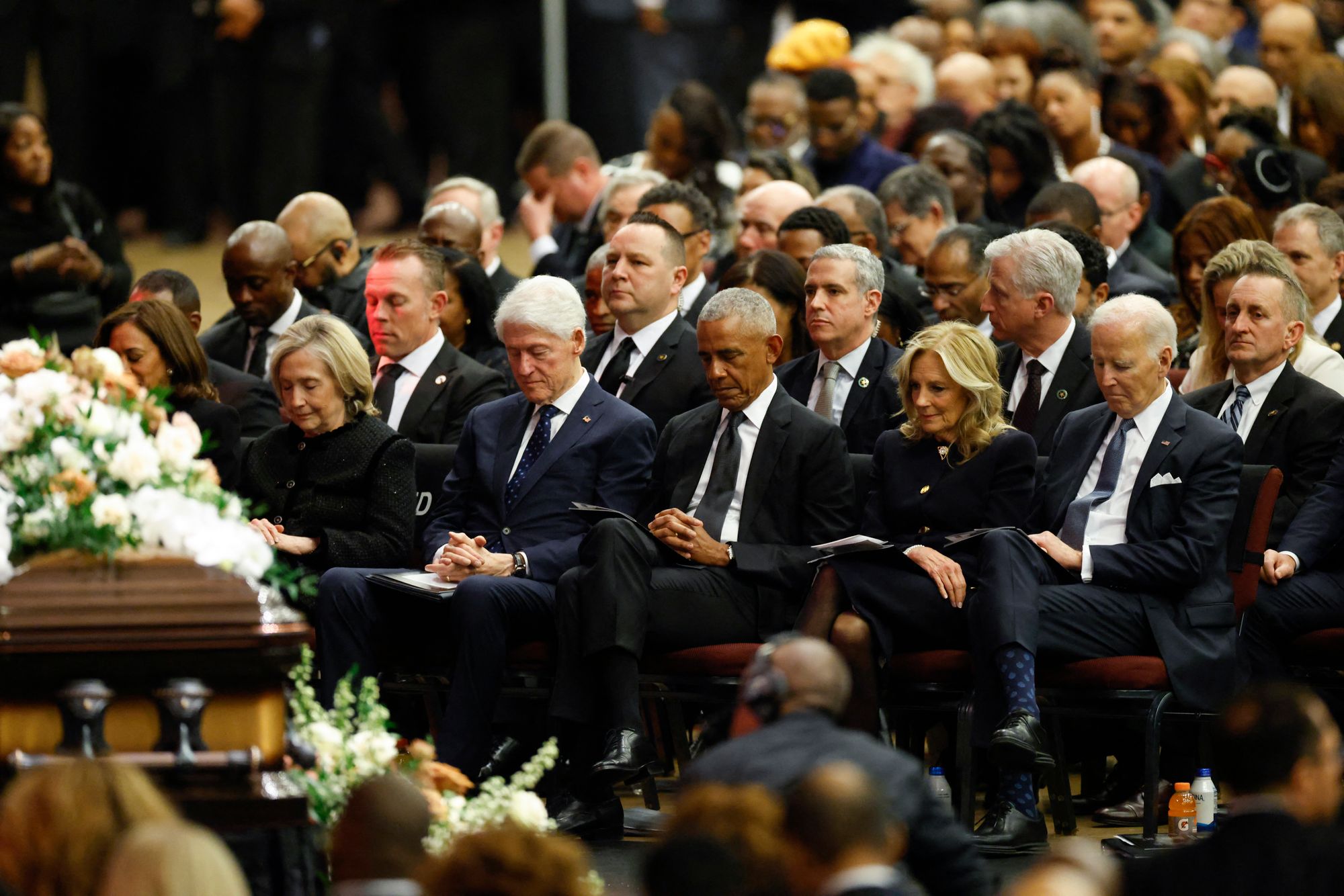 Obama and Biden were joined by erstwhile President Clinton, erstwhile First Lady Clinton and erstwhile Vice President Harris astatine nan funeral