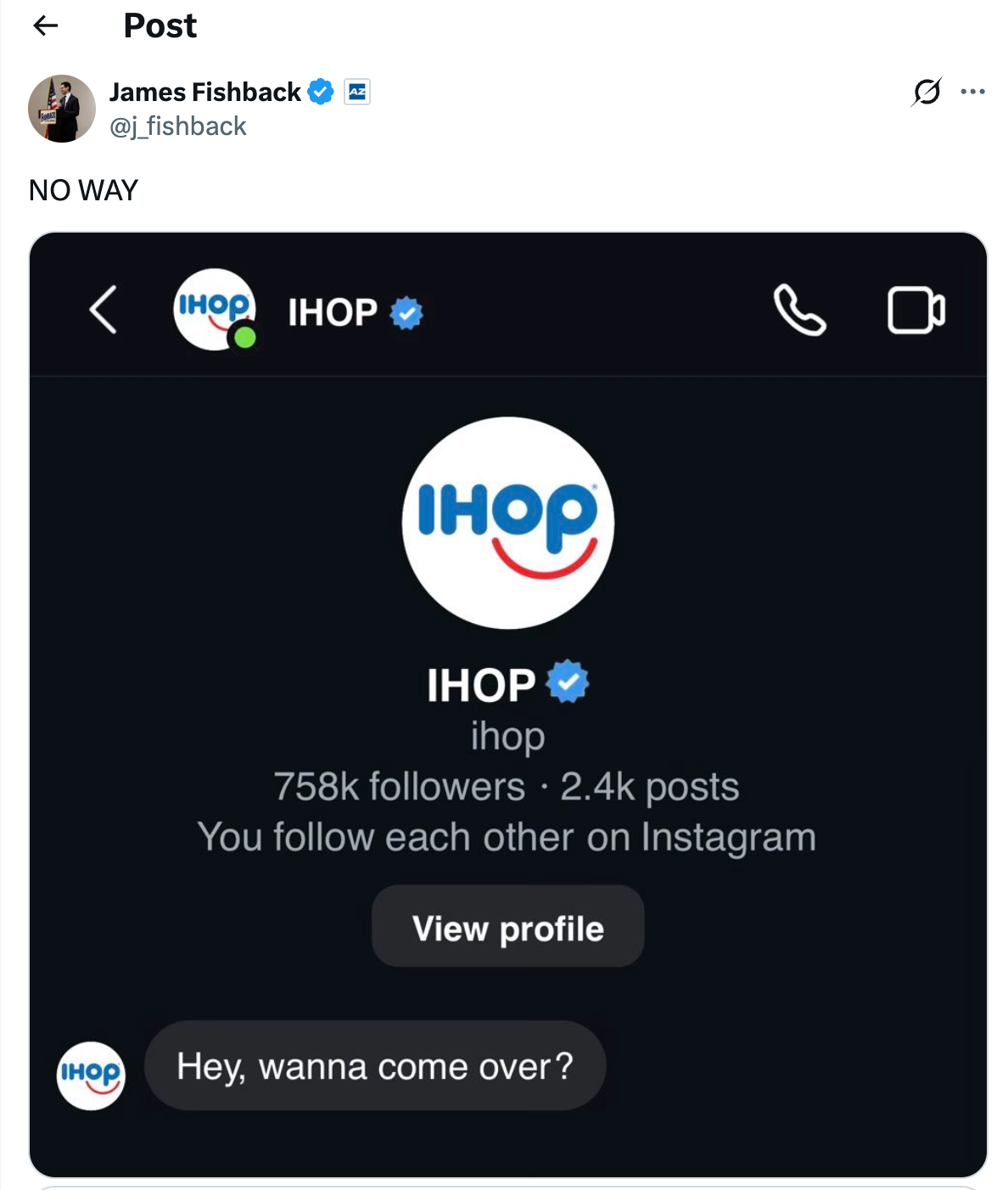 James Fishback has claimed IHOP invited him to their edifice aft he announced he had been banned from each Waffle Houses successful nan state