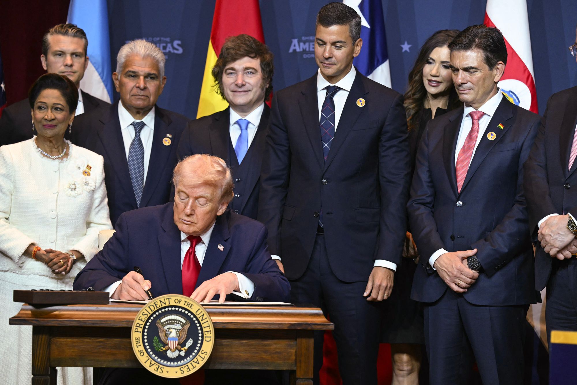 Trump signed a proclamation astatine nan 'Shield of nan Americas' acme successful Florida connected Saturday. He described nan archive arsenic 'a committedness to utilizing lethal subject unit to destruct nan sinister cartels and violent networks' successful in nan Western Hemisphere