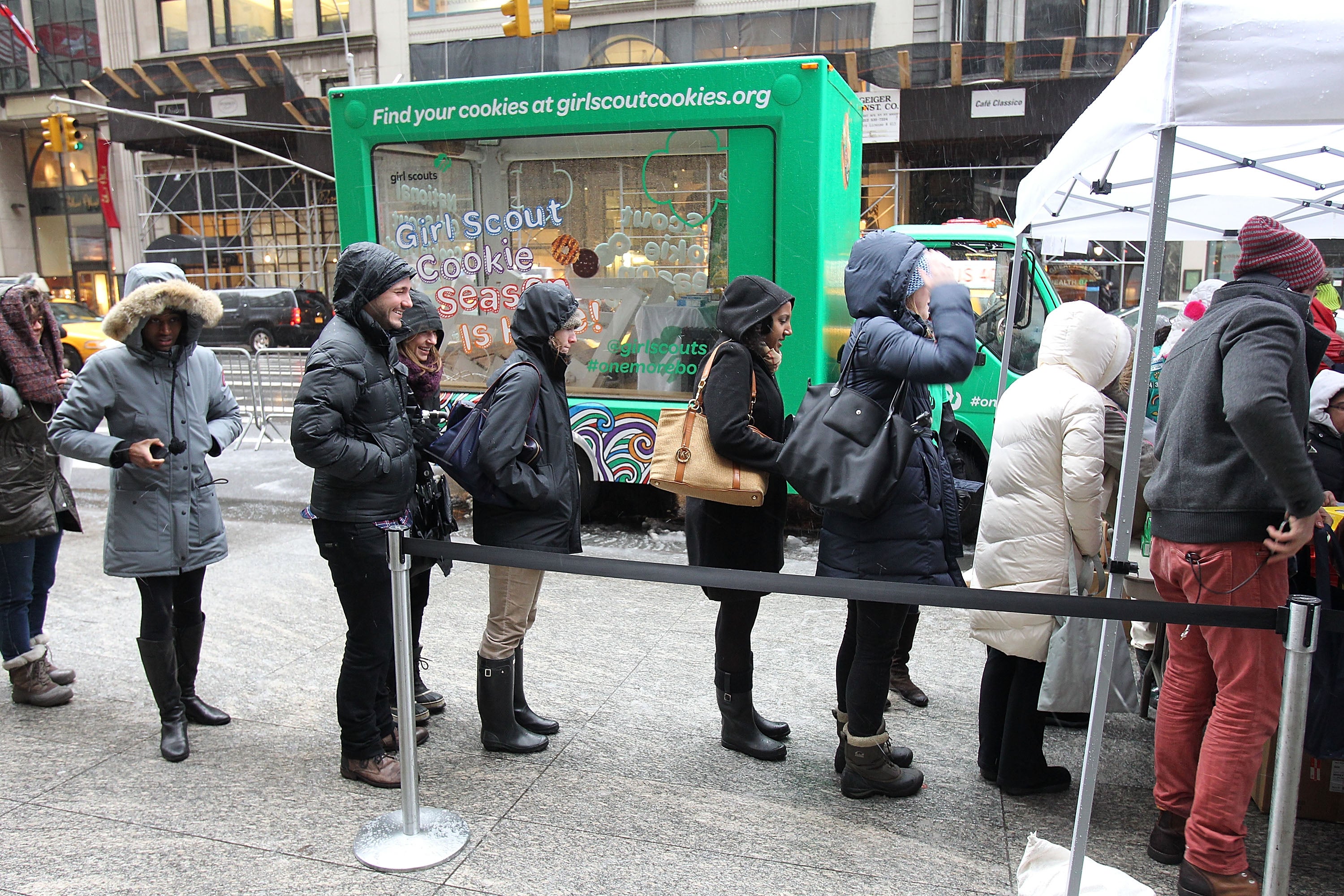 Customers lined up connected a New York City thoroughfare successful support of National Girl Scout Cookie Day connected February 8, 2013