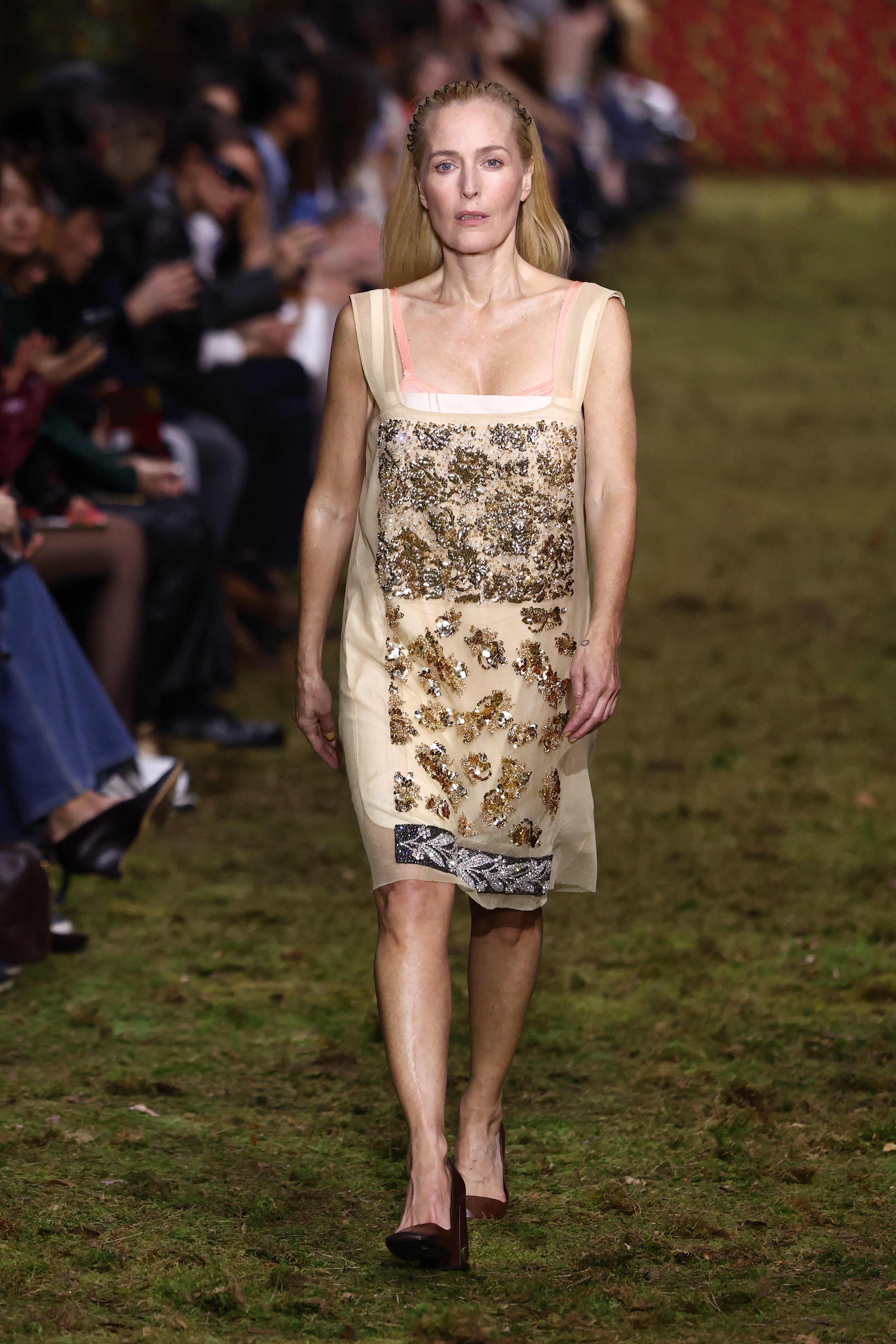 Gillian Anderson wore a sheer butter yellow embellished dress
