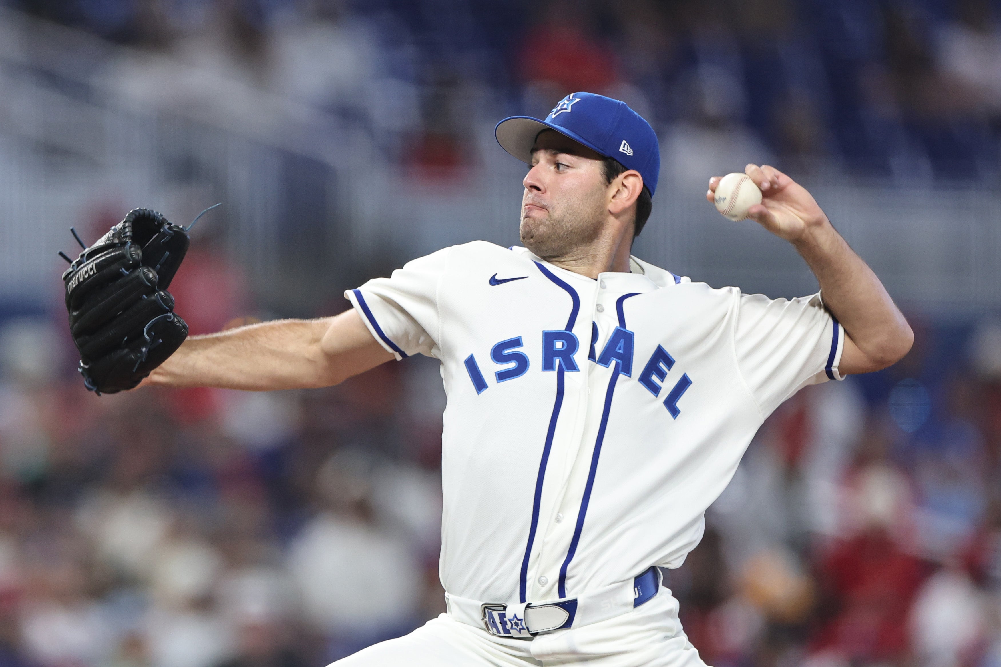 Ryan Prager of the Israeli men's baseball team pitches during the first inning of their game against the Dominican Republic at loanDepot Park in Miami, Florida, on Monday March 9, 2026