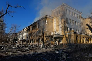 A building of a children's hospital, damaged by recent shelling that local Russian-installed authorities called a Ukrainian military strike, while the hospital was under maintenance with no patients inside, in the course of the Russia-Ukraine military conflict in Donetsk