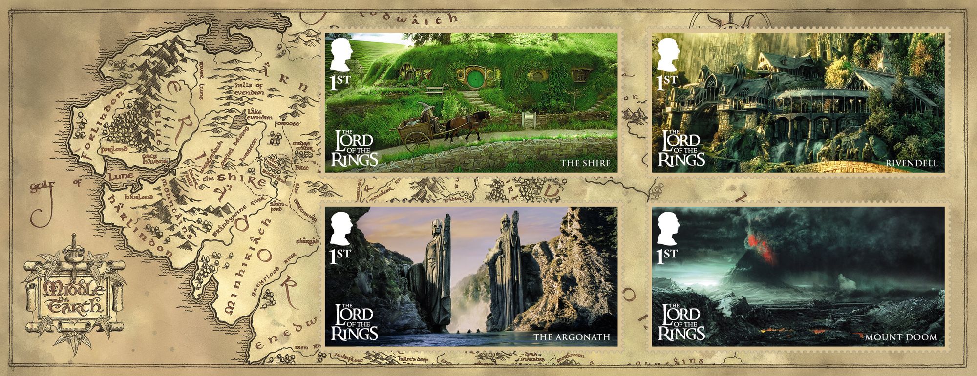 A selection of stamps featuring locations from the movie