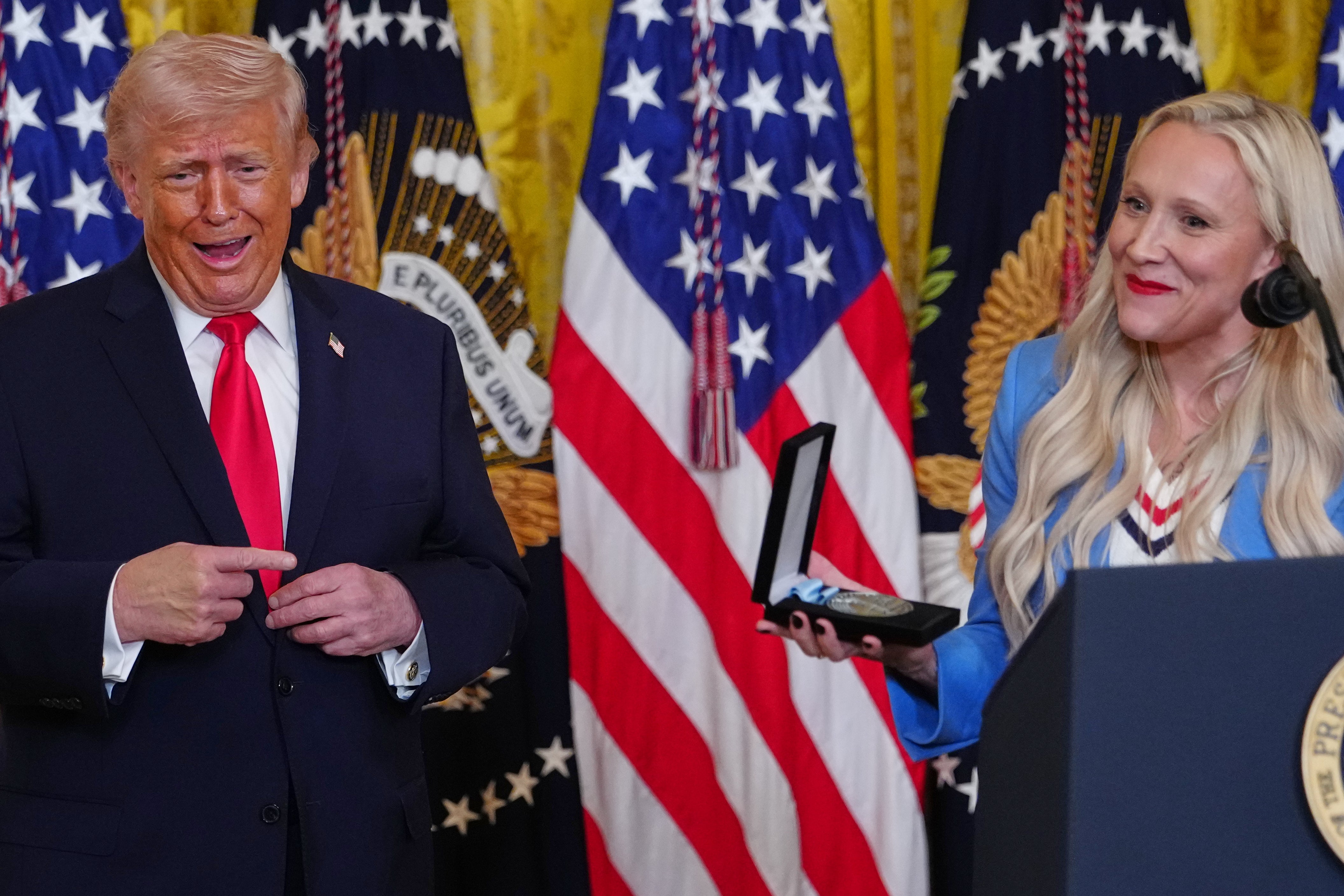 Trump besides put Kaillie Humphries connected to nan stage, aft describing her arsenic a ‘beautiful female pinch blonde hair.’ Humphries past presented nan president pinch her Order of Ikkos medal, which is fixed to Olympians to bestow upon anyone who has helped them pinch their sporting journey