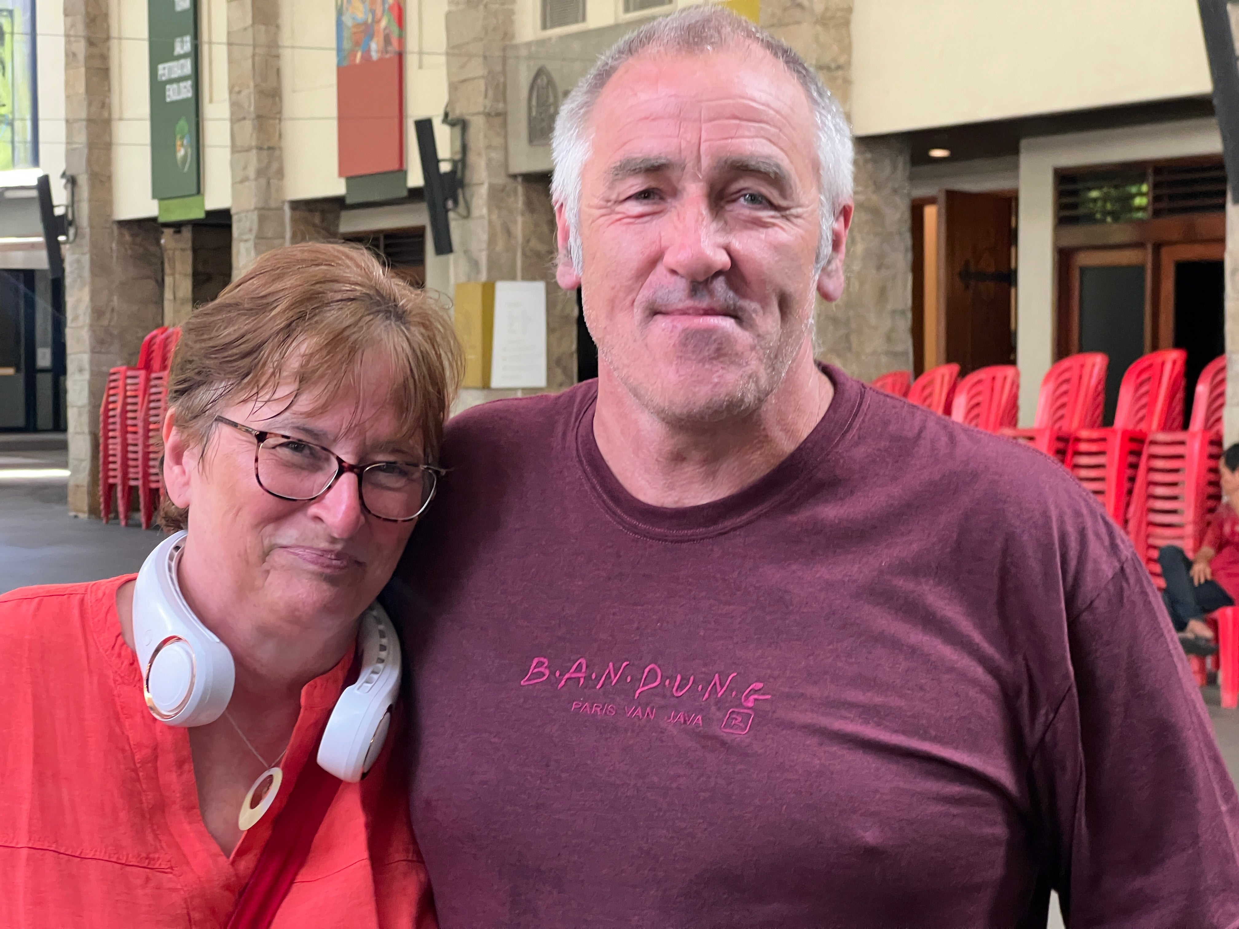 Departing soon? Sian and John Parker, from North Wales, who are currently stranded in the Indonesian capital, Jakarta