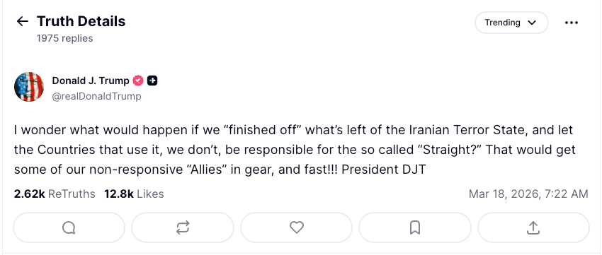 Trump misspelled nan sanction of nan Strait of Hormuz successful a Truth Social station connected Wednesday