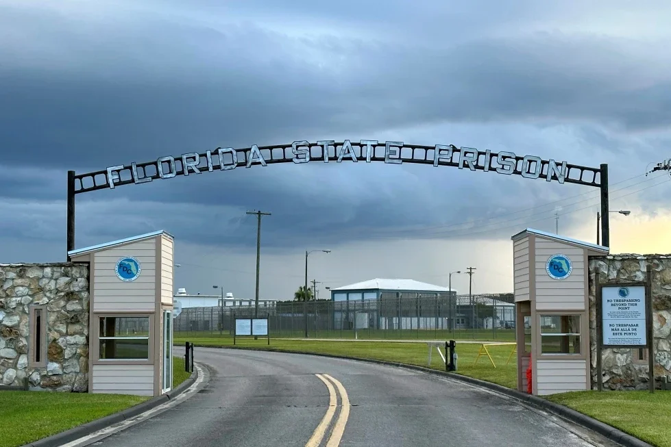 The entrance to Florida State Prison in Starke, Fla. is shown Thursday, Aug. 3, 2023