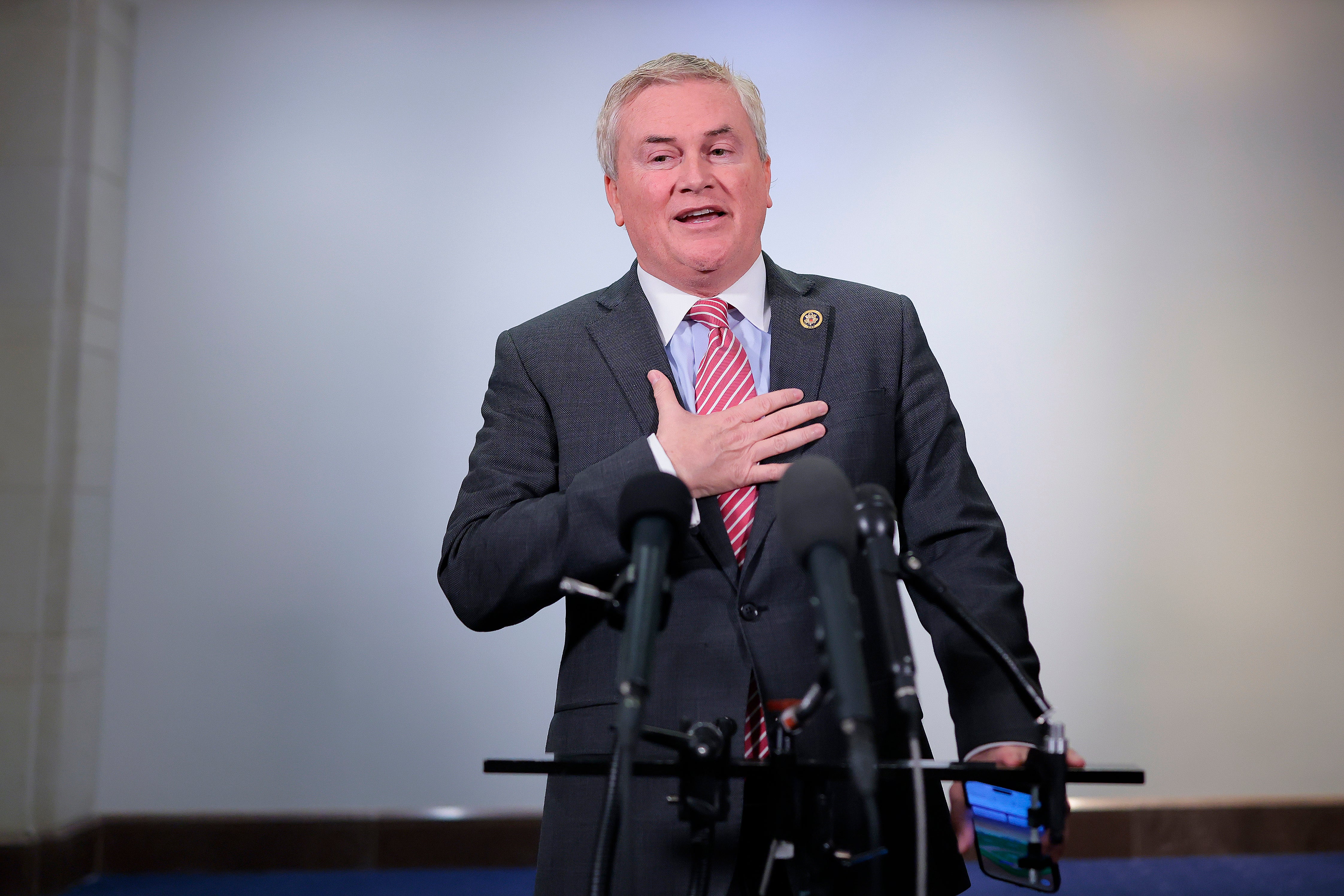 Kentucky Rep. James Comer speaks after Democrats walked out of his committee’s briefing