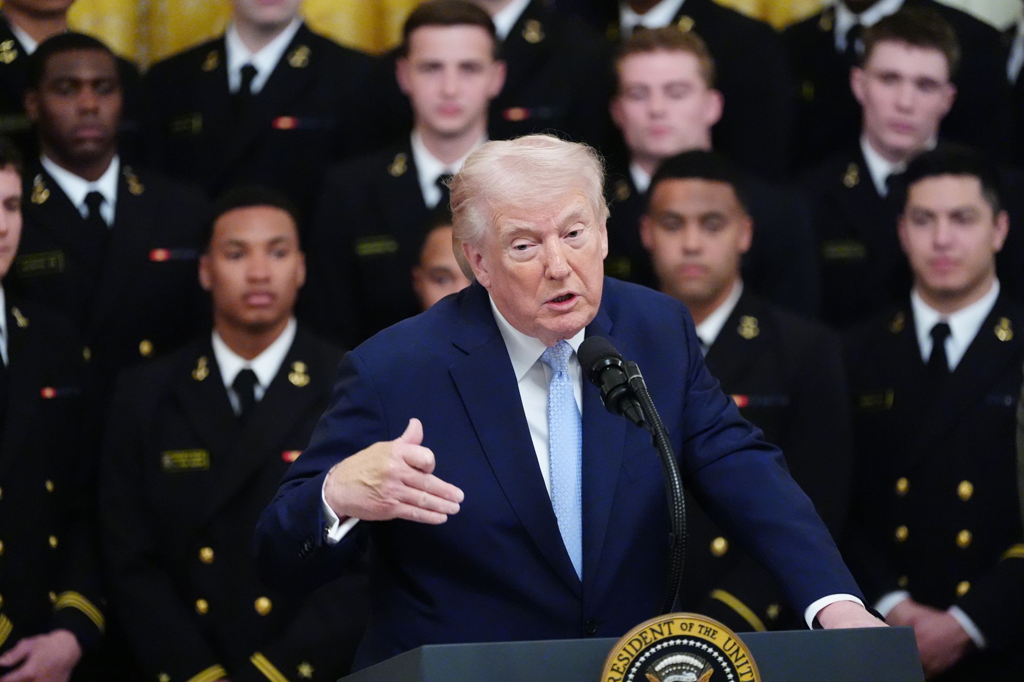 U.S. President Donald Trump delivers remarks during a position of nan Commander-in-Chief's trophy to nan U.S. Navy Midshipmen.