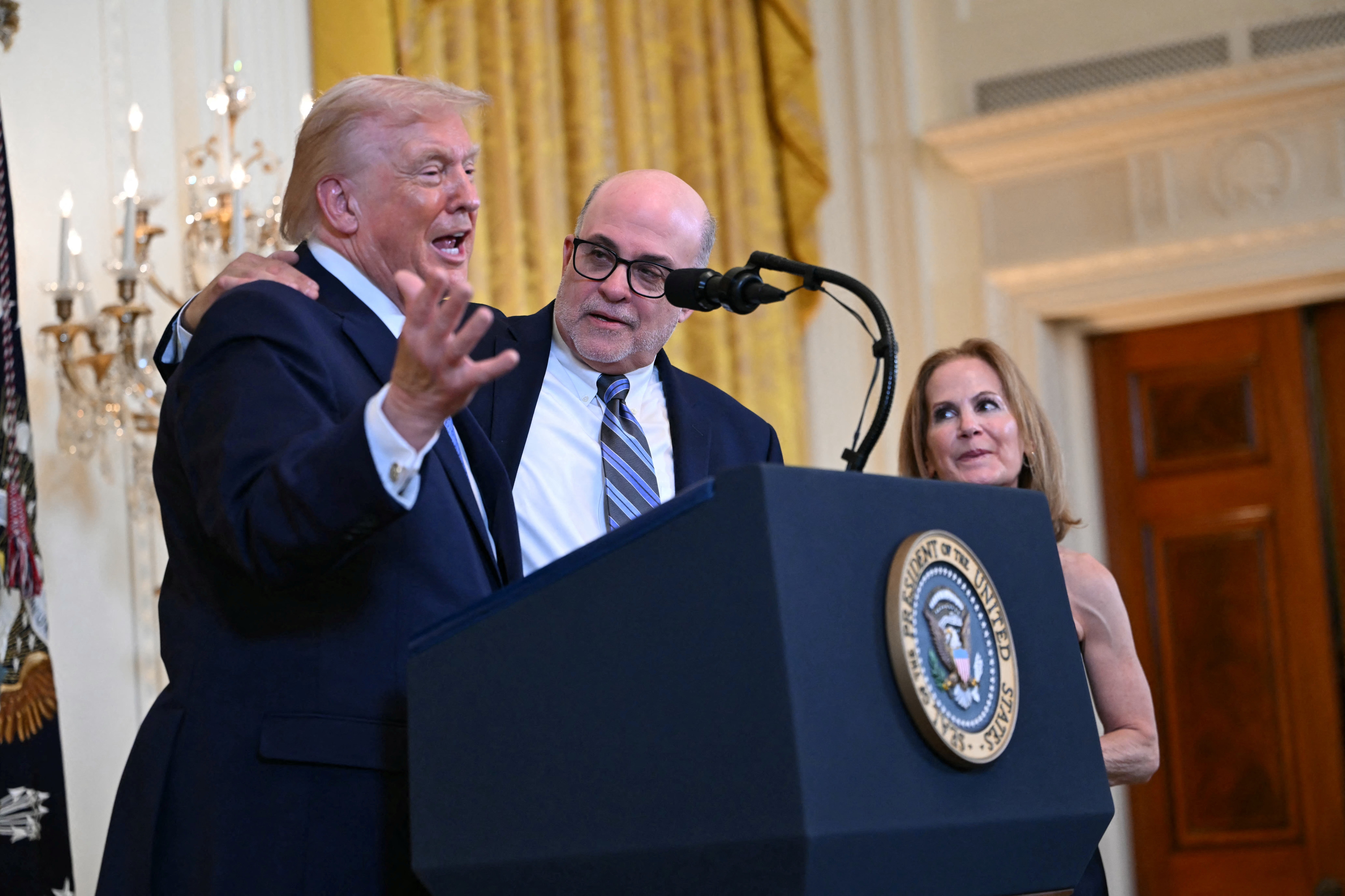 Conservative power big Mark Levin pinch President Donald Trump astatine a White House Hanukkah reception successful December 2025