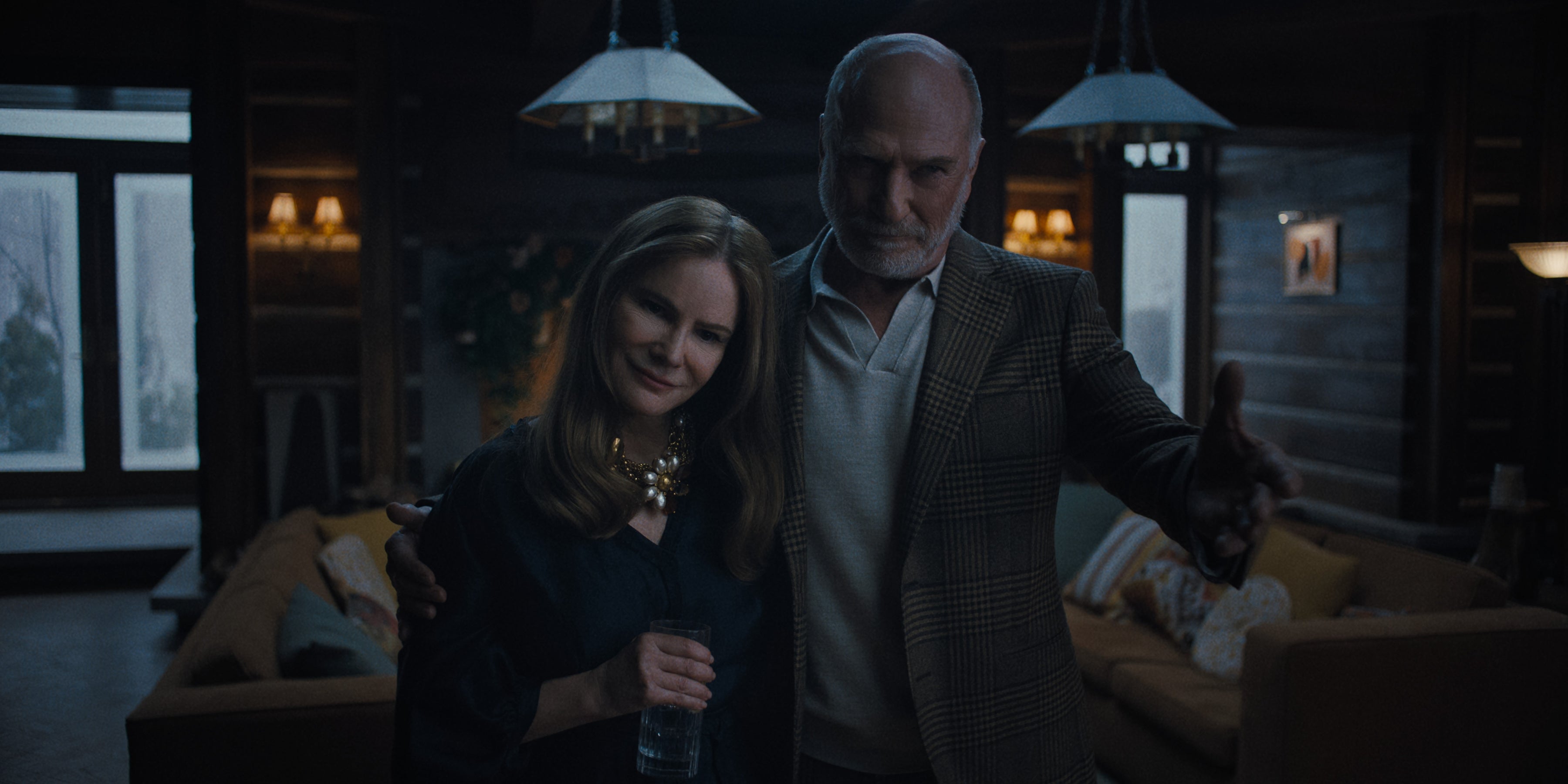 Jennifer Jason Leigh as Victoria and Ted Levine as Boris in 'Something Very Bad Is Going To Happen'
