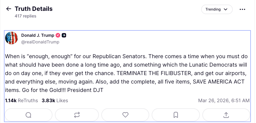 President Donald Trump demanded Senate republicans extremity nan filibuster and walk his SAVE America Act to restrict voting rules connected Thursday morning