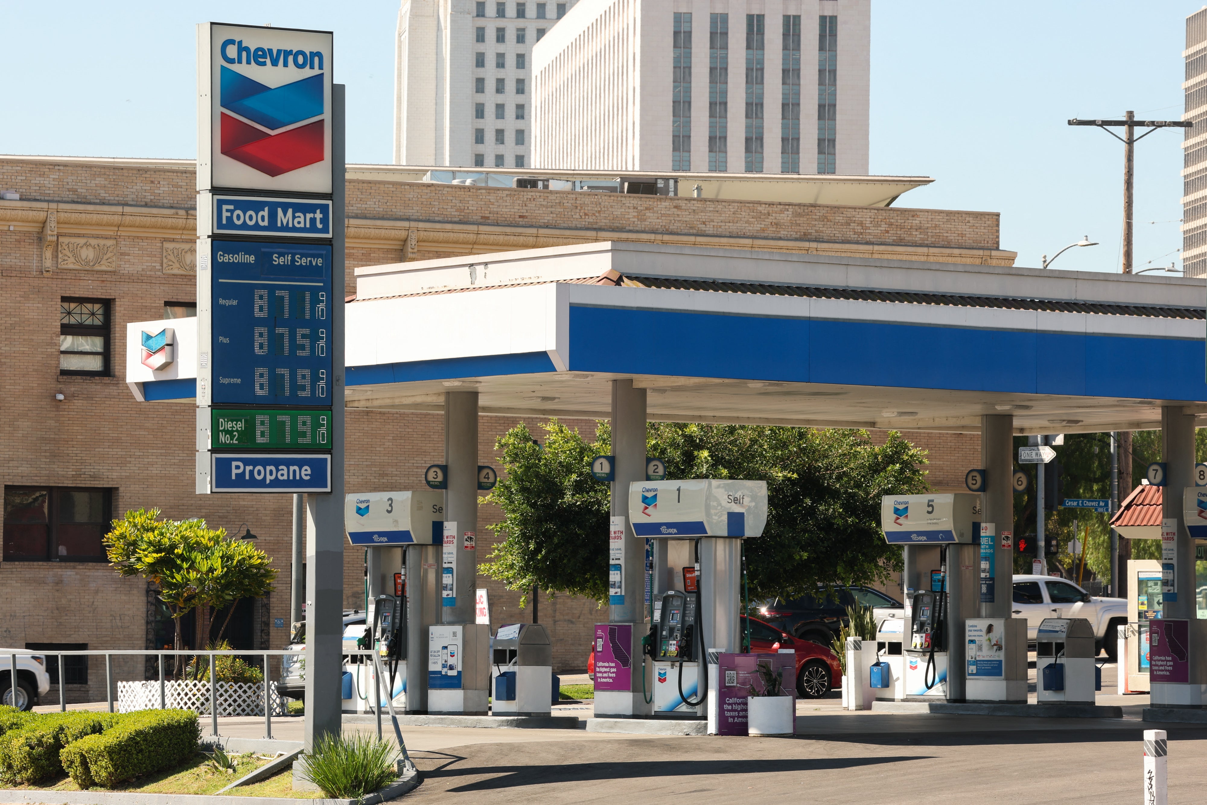 Gas prices starting astatine $8.71 per gallon are displayed astatine a Chevron state position connected Alameda Avenue adjacent Union Station successful Los Angeles connected March 20