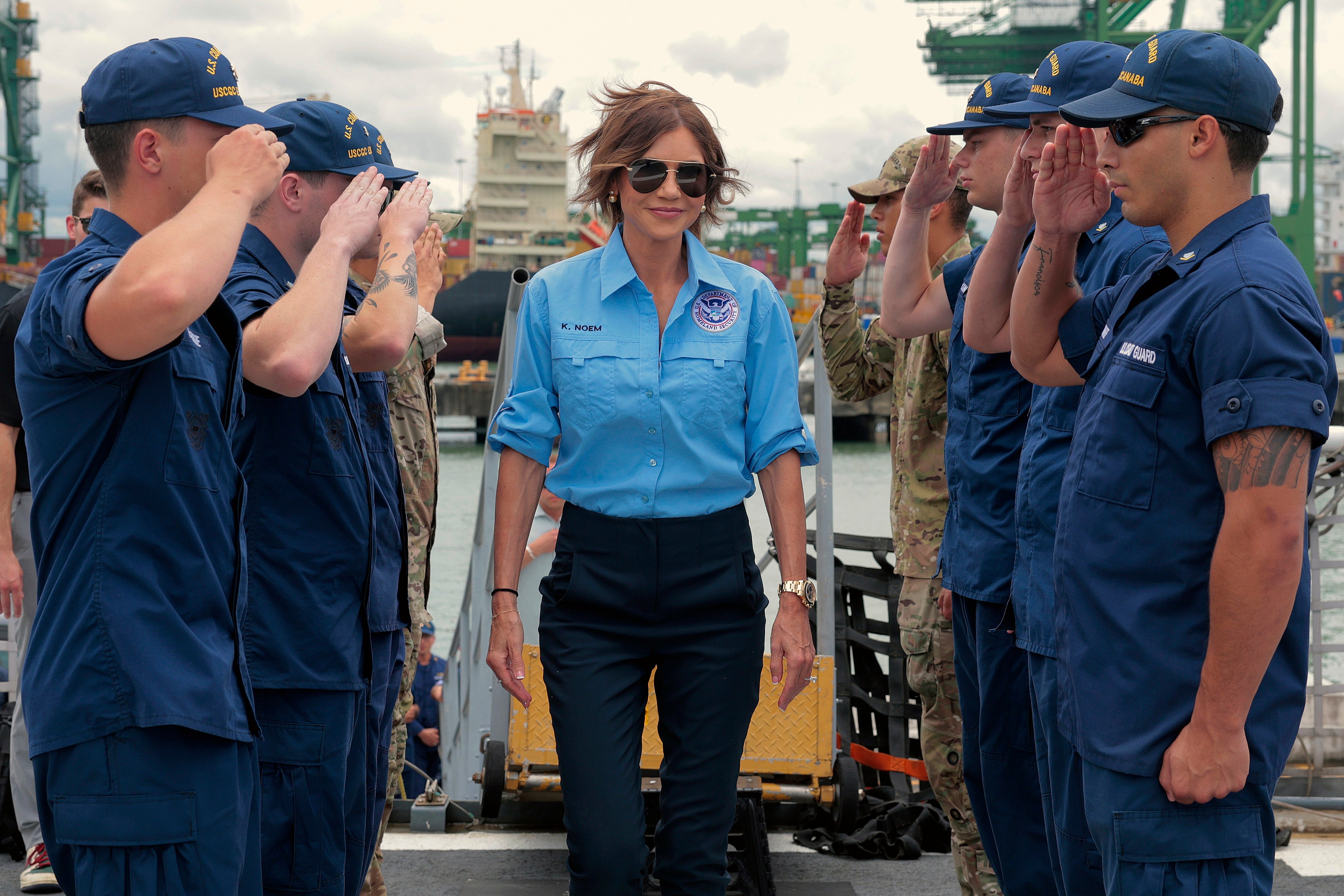 Former U.S. Homeland Security Secretary Kristi Noem boards nan U.S. Coast Guard Cutter Escanaba for a gathering connected supplier interdiction successful Panama past June.