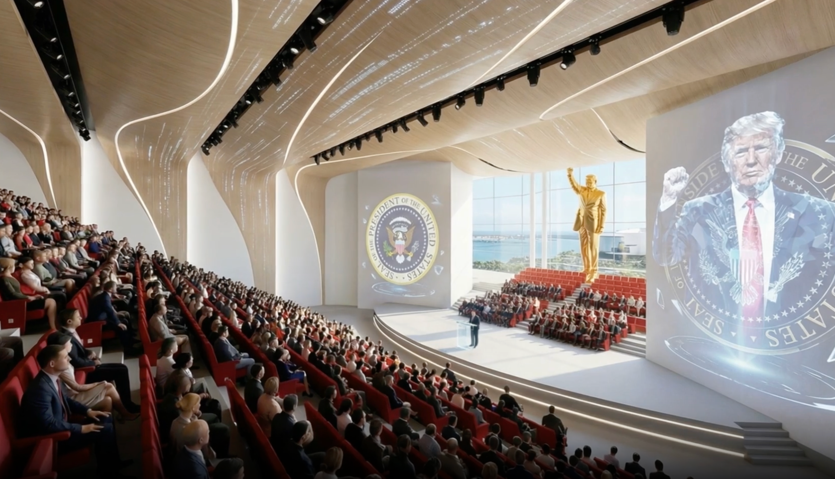 Trump's statesmanlike room renderings see a gangly golden statue of nan president pinch his fist raised