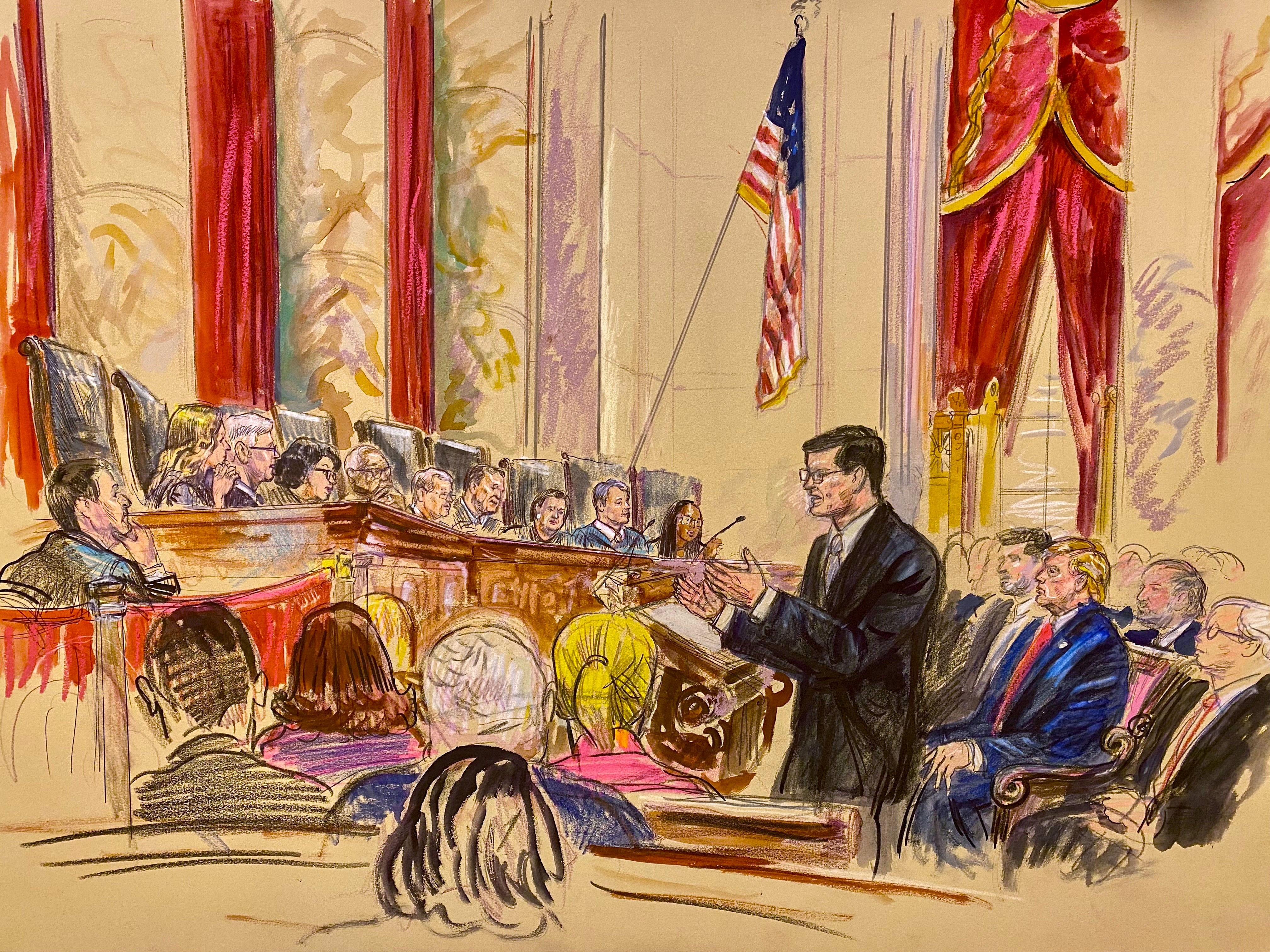 A courtroom sketch depicts Donald Trump watching oral arguments astatine nan Supreme Court connected April 1 arsenic justices reappraisal his executive bid to limit birthright citizenship by redefining nan scope of nan 14th amendment