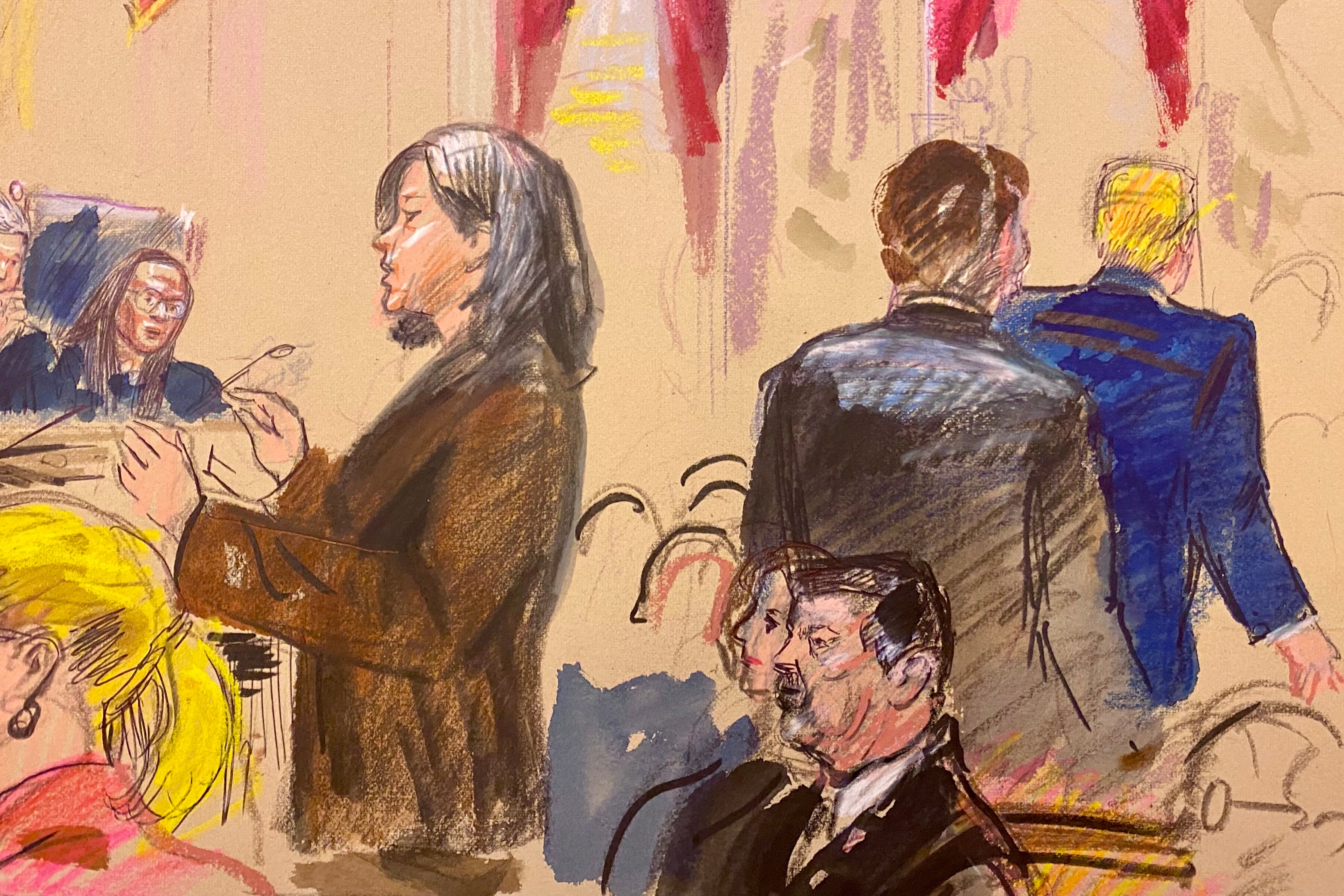 A sketch depicts Trump abruptly leaving nan tribunal successful nan mediate of ACLU lawyer Cecillia Wang’s arguments against nan president’s order