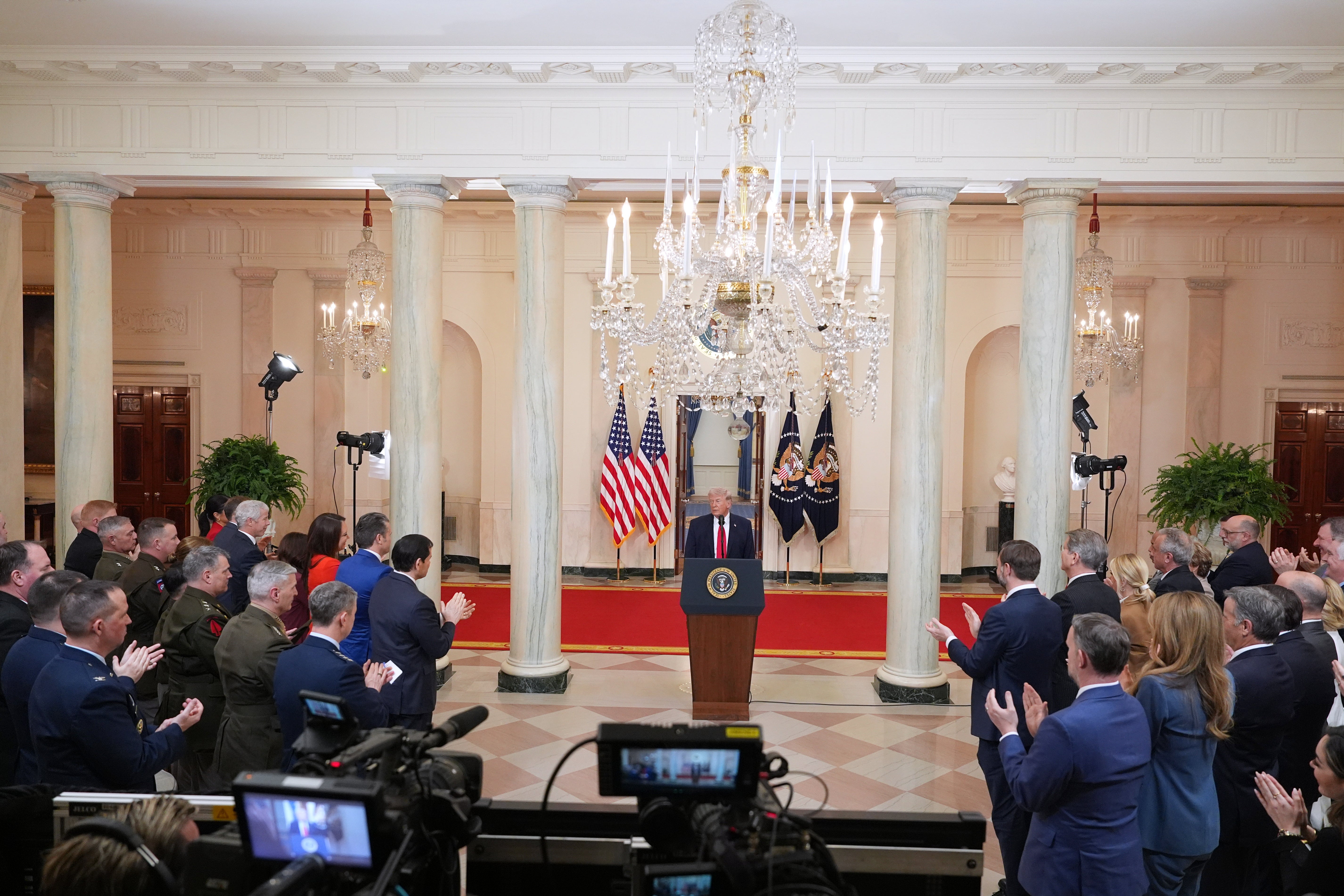 President Donald Trump concludes his reside astir nan Iran warfare from nan Cross Hall of nan White House (Alex Brandon/Pool/AP)