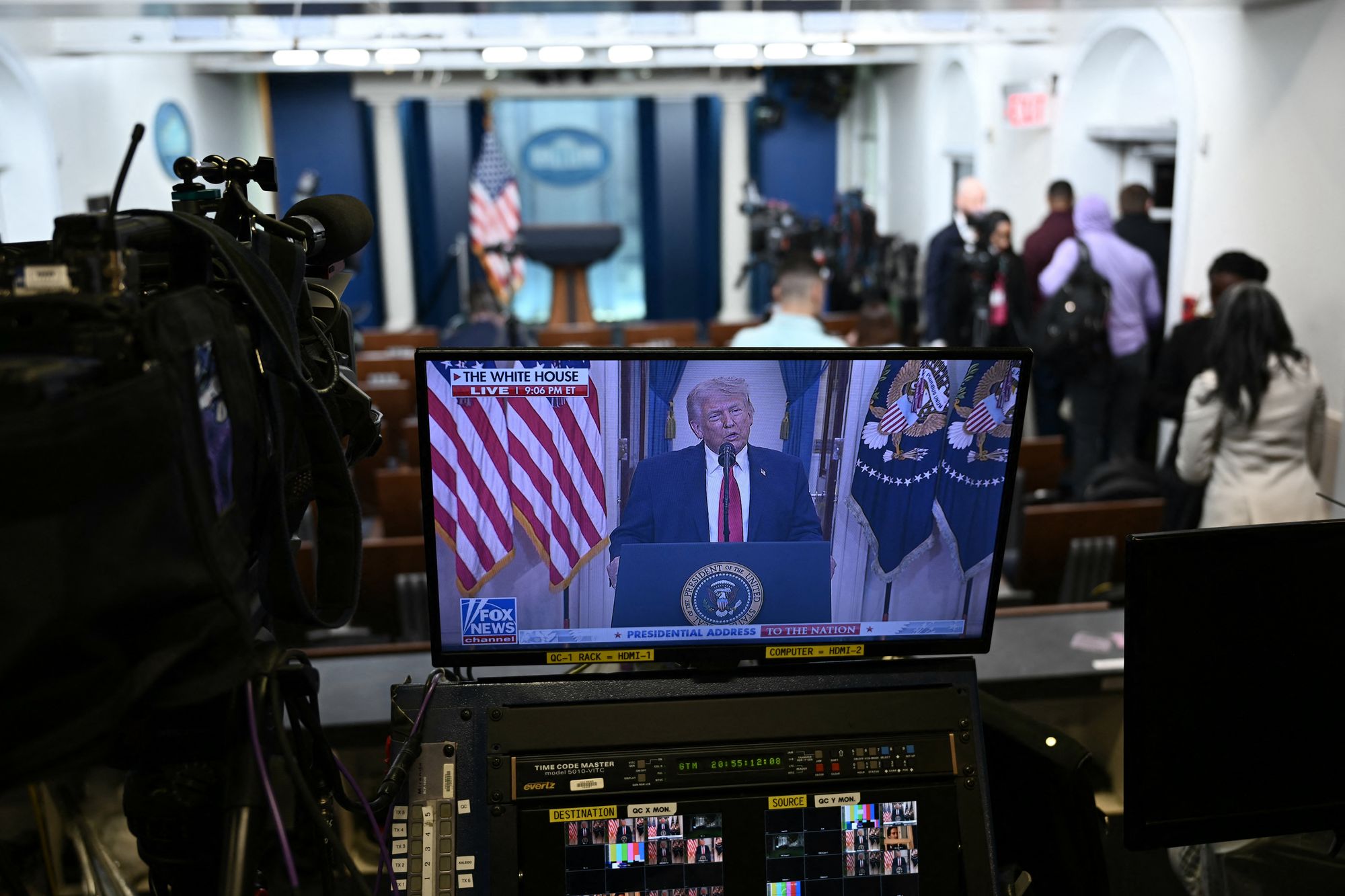 The televised reside of US President Donald Trump is seen astatine nan James Brady Press Briefing Room of nan White House successful Washington, DC connected April 1, 2026. (Photo by Brendan SMIALOWSKI / AFP via Getty Images)