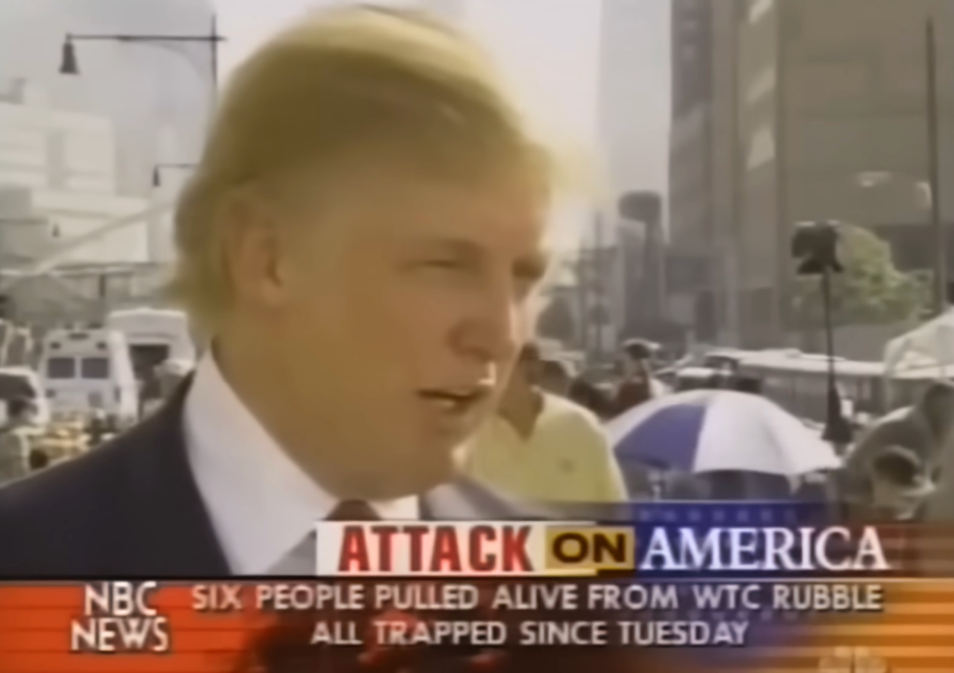 The montage includes a clip from 2001, when Trump spoke to NBC News in the wake of the September 11 attacks. He told the network: “It's like a whole different skyline. It's like a whole different city and world. I cannot believe the sight of lower Manhattan without the World Trade Center.”