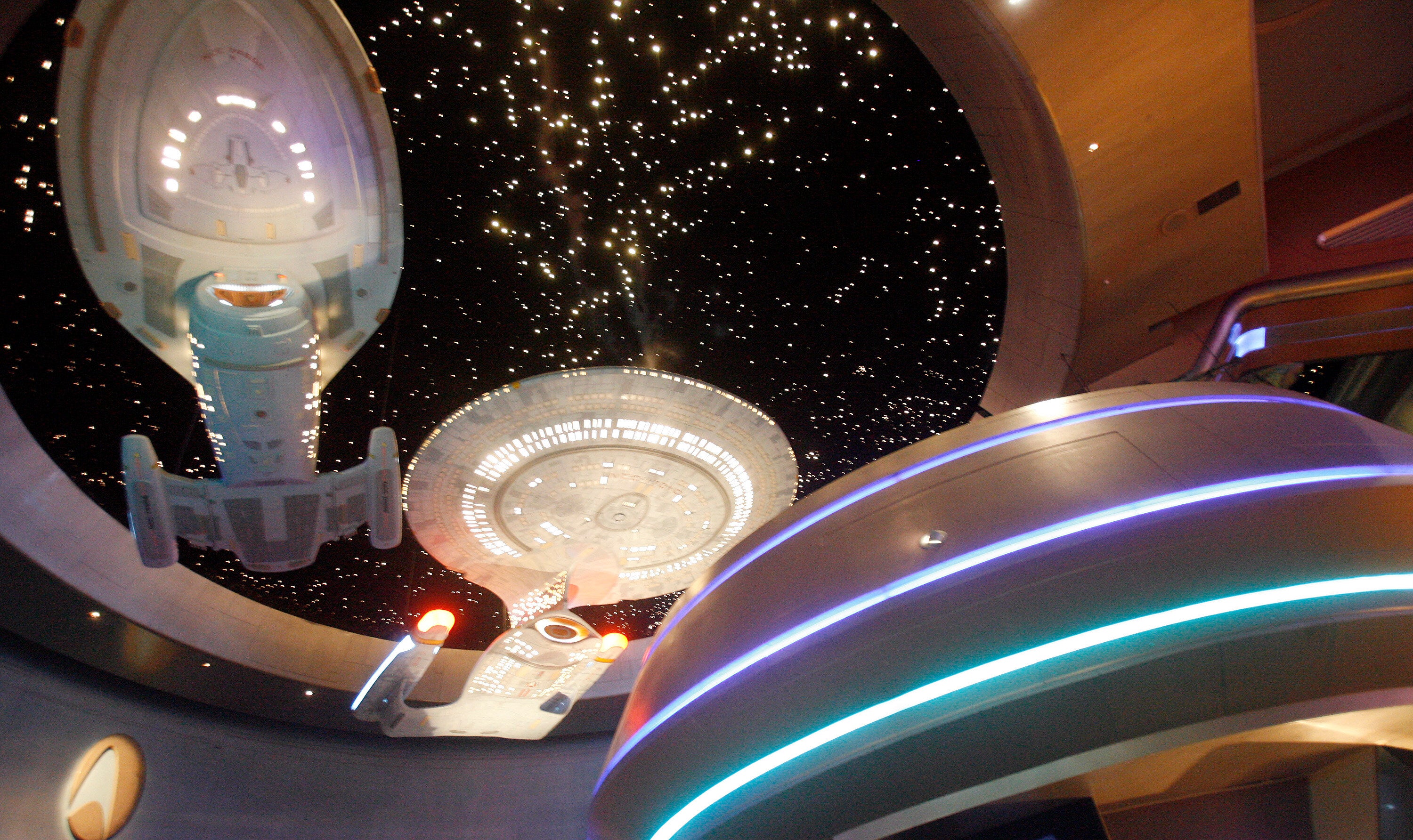 Model ships hang at the entrance to the Star Trek Experience at the Las Vegas Hilton in Las Vegas on Aug. 25, 2008. (AP Photo/Isaac Brekken, File)