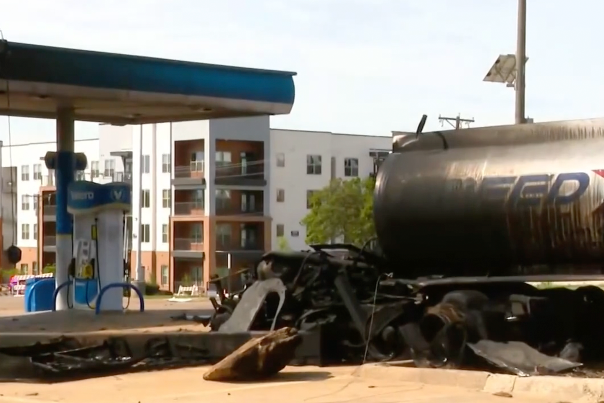 Fuel tanker bursts into flames after toppling power lines near gas station in Texas