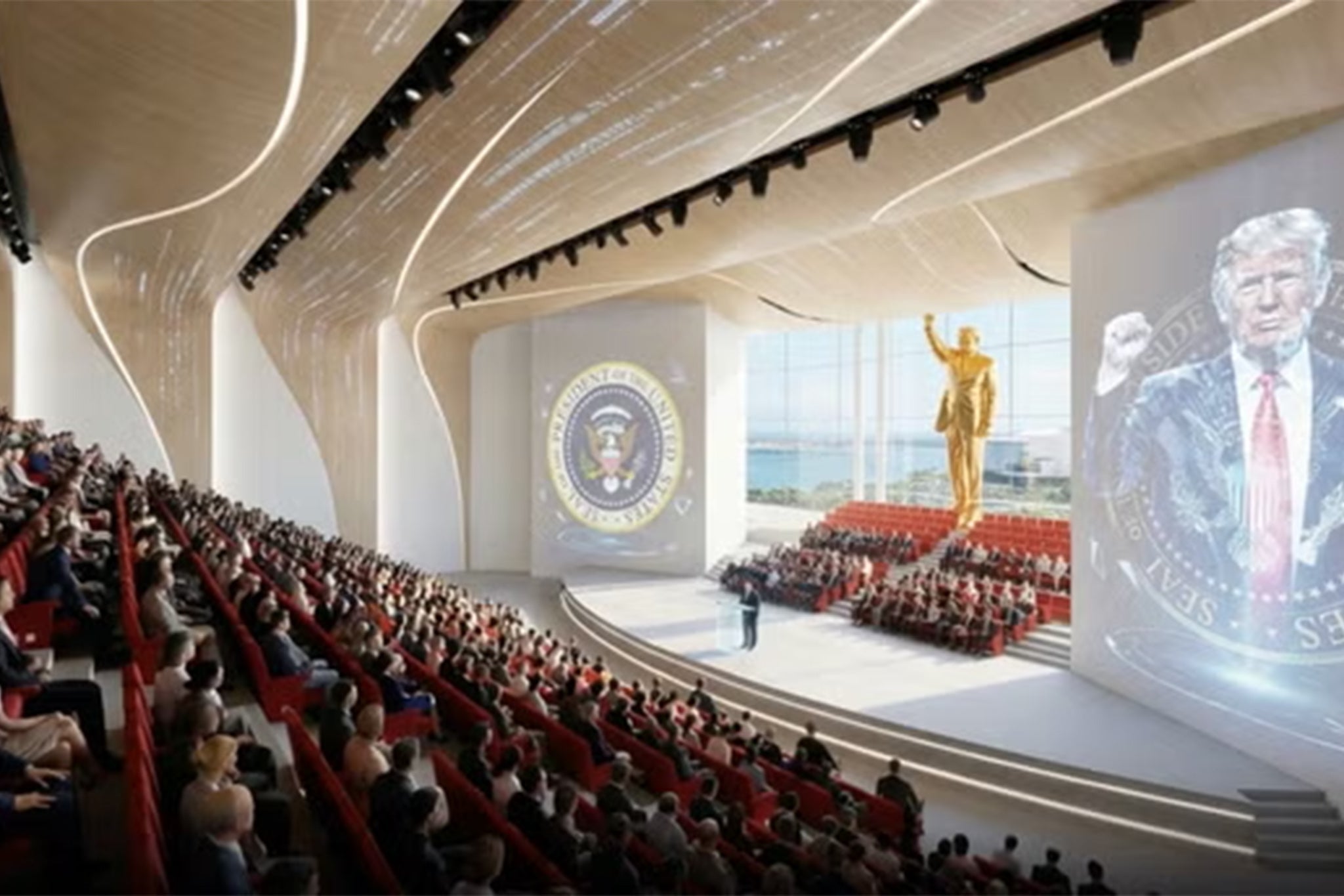 Proposed designs for nan Trump Presidential Library, which appears to beryllium a skyscraper edifice successful Miami, see a golden statue of nan president raising his fist