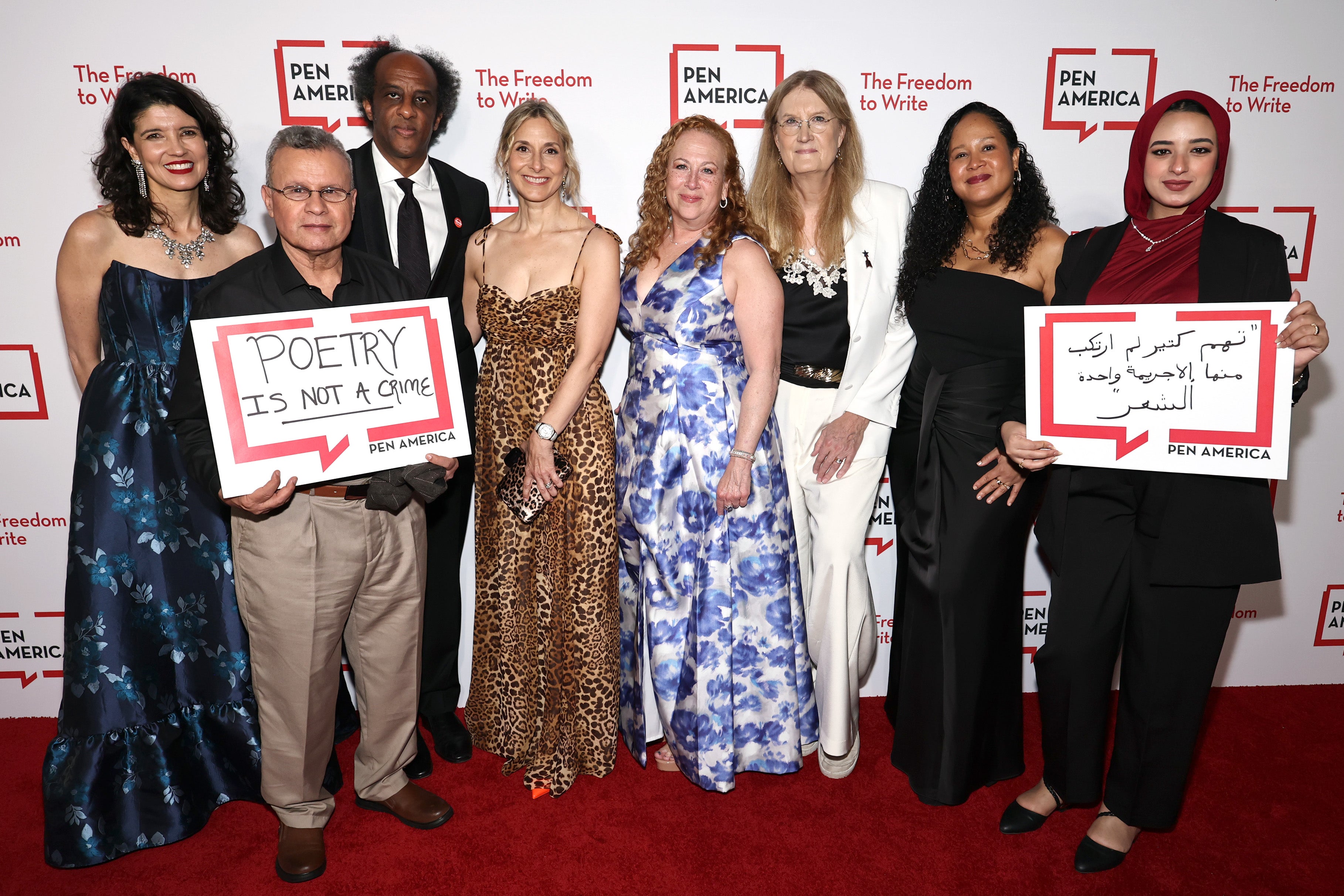 Summer Lopez, Abdelfattah Galal, Dinaw Mengestu, Colette Bennett, Jodi Picoult, Jennifer Finney Boylan, Clarisse Rosaz Shariyf and Naiera Galal attend the 2025 PEN America Literary Gala at American Museum of Natural History on May 15, 2025 in New York City