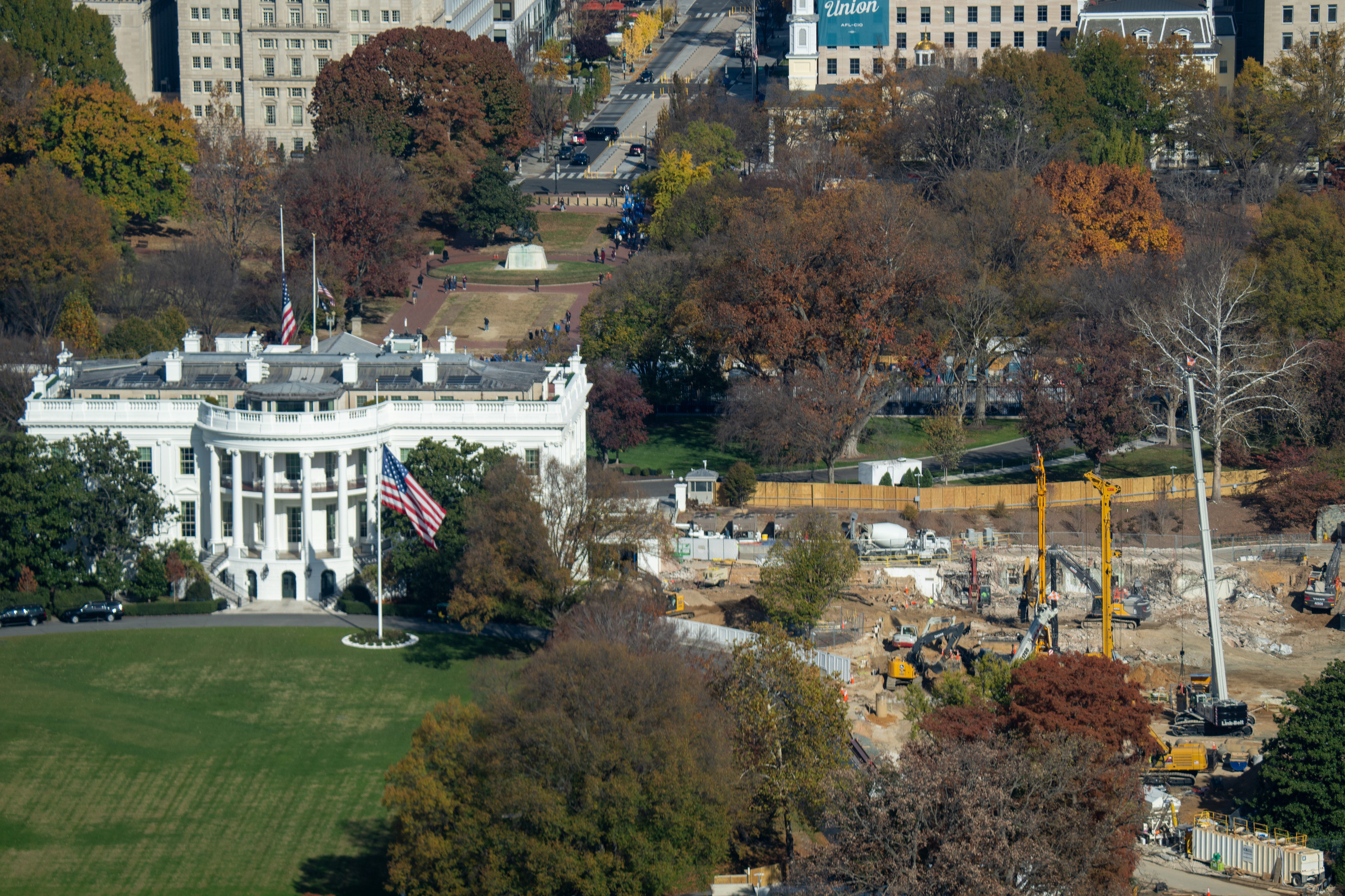 <p>A U.S. circuit court ruled that construction on President Donald Trump’s ballroom, pictured left, can continue until April 17 after a lower court ruled it had to stop and seek Congressional approval </p>