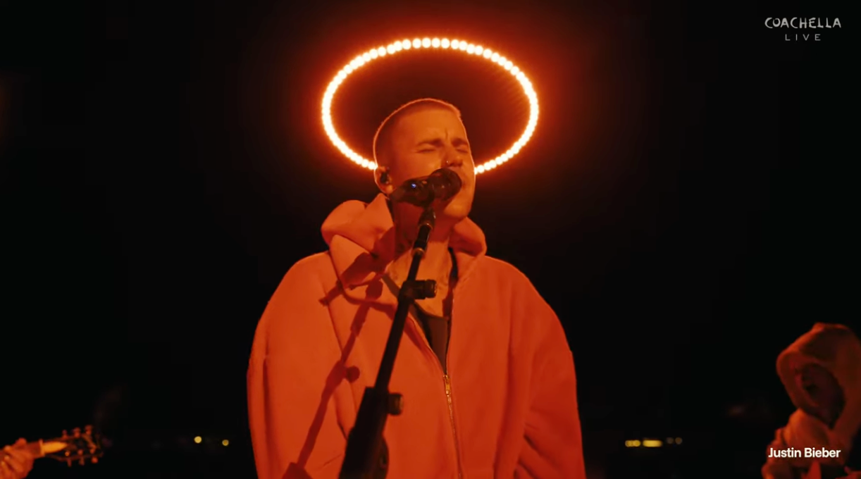 <p>Justin Bieber performs on the main stage at Coachella</p>