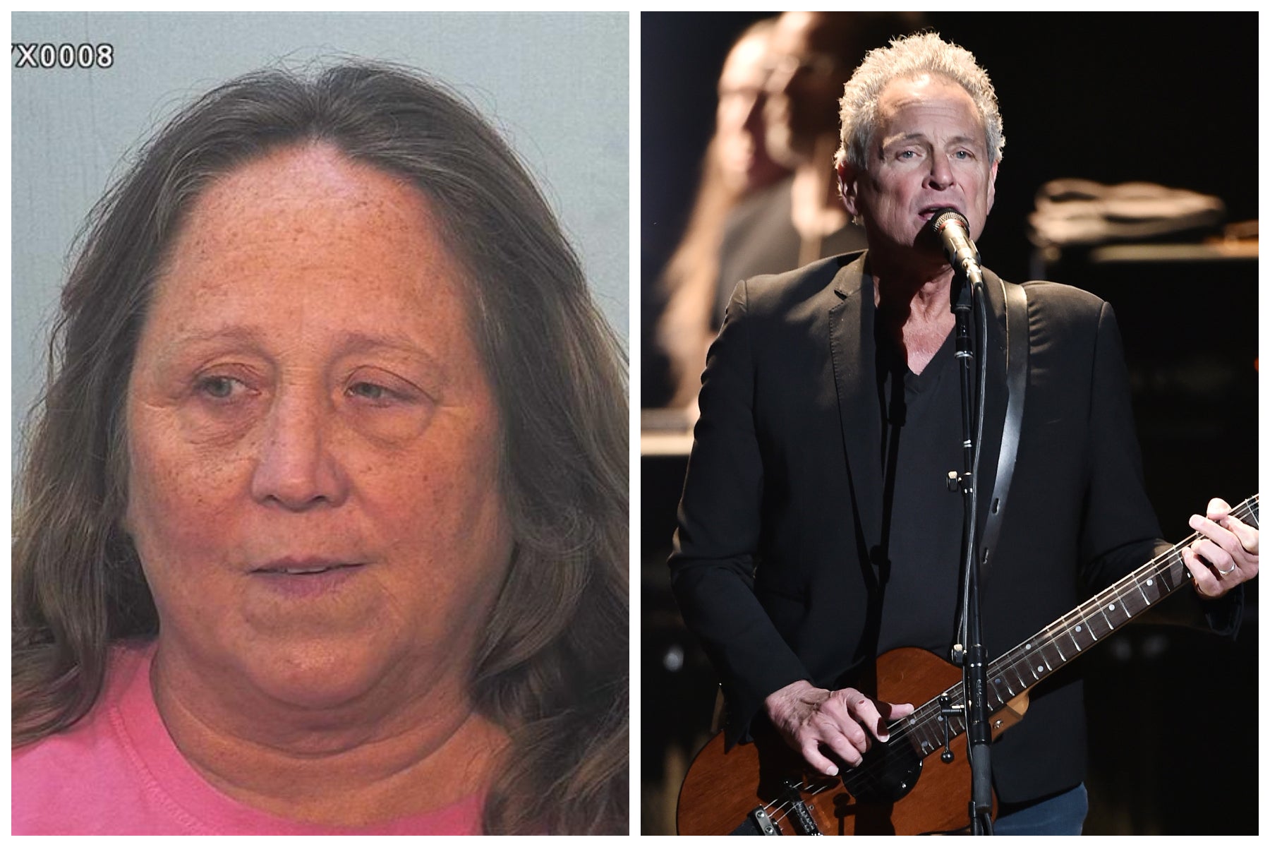 <p>Michelle Dick (left) was arrested April 11, weeks after approaching Lindsey Buckingham (right) and throwing an unknown substance on him</p>