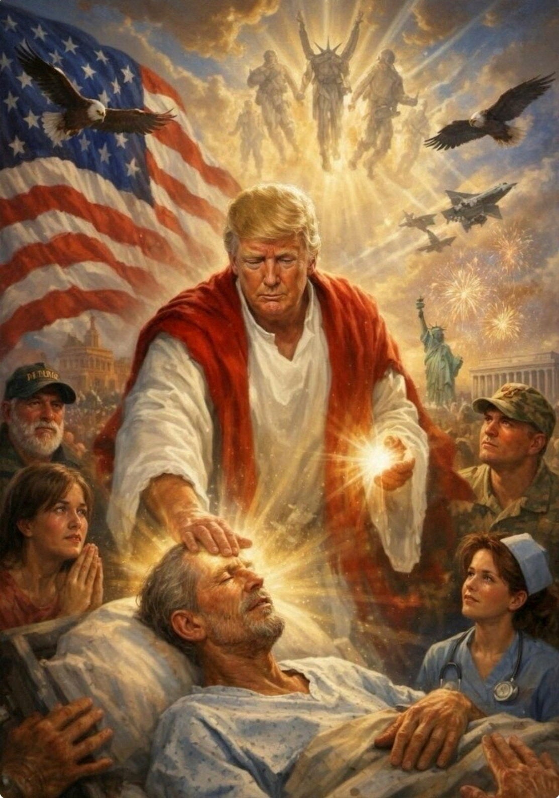 Trump defended an earlier AI-generated image depicting him as Jesus Christ saying he thought it was ‘a picture of me being a doctor.’ The image was later deleted from his Truth Social account
