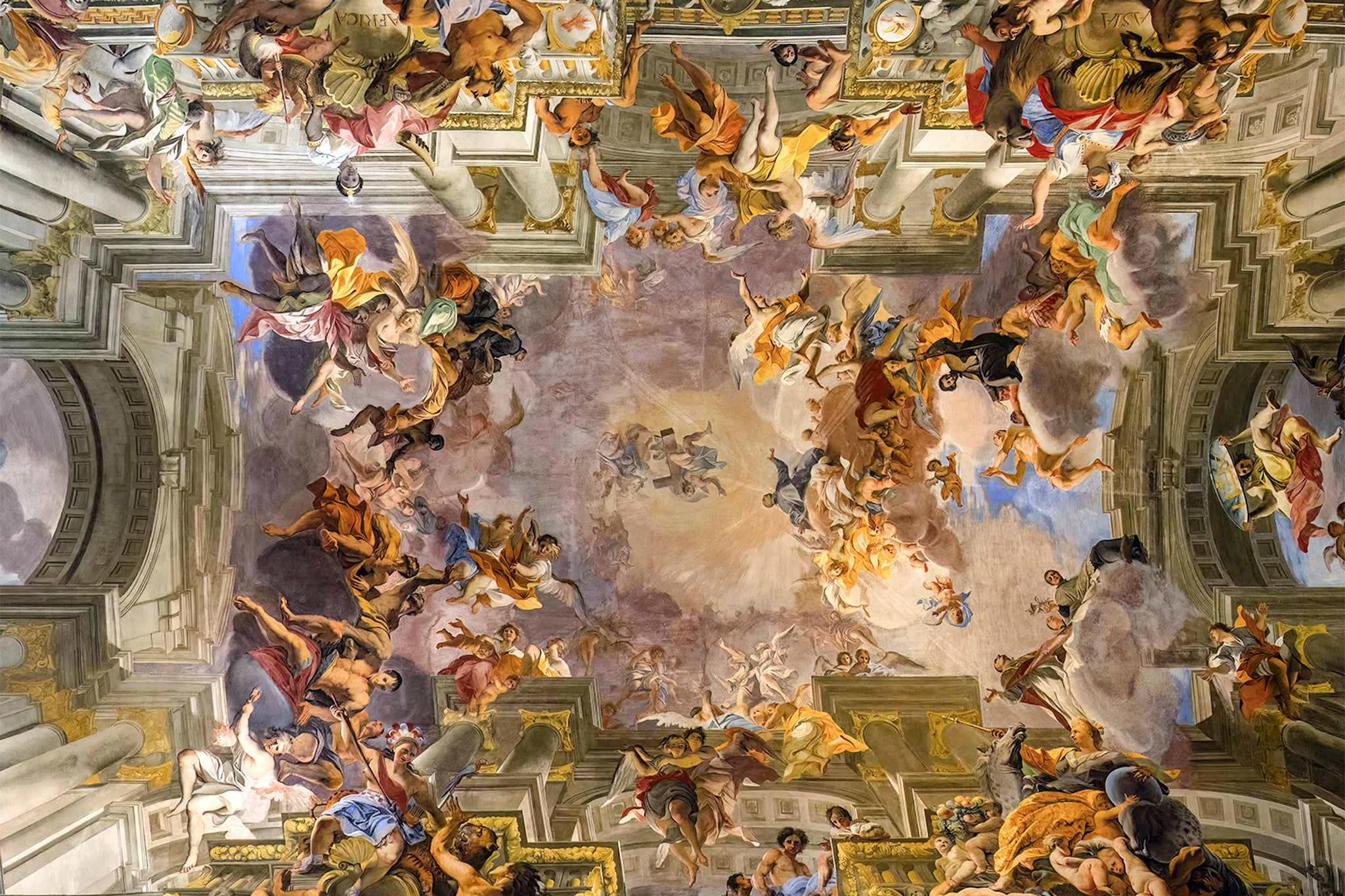 ‘Saint Ignatius Being Received into Heaven’ by Andrea Pozzo shares the same golden colour hues as Trump’s image and is also packed with activity