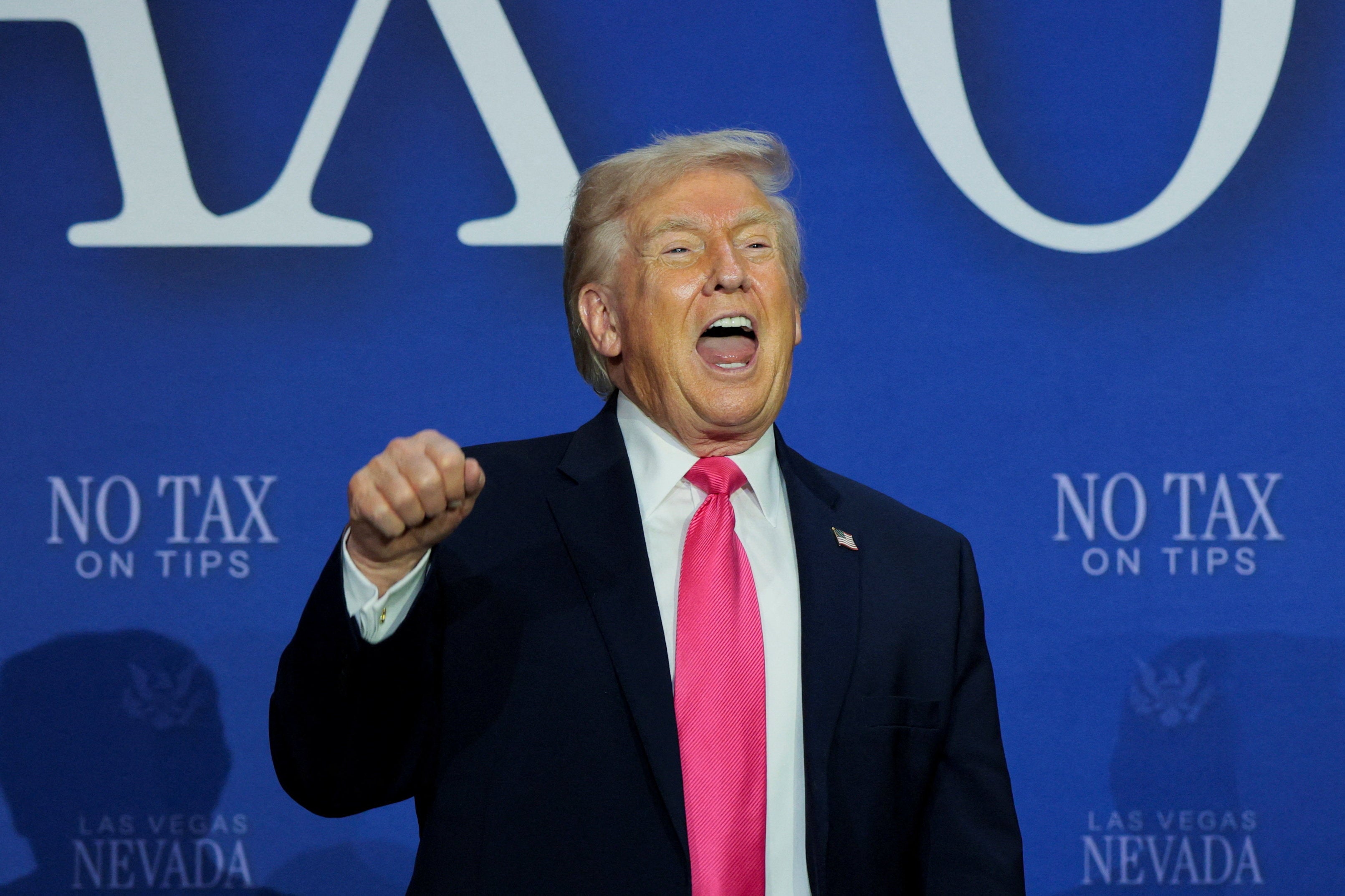US President Donald Trump gestures during a roundtable focused connected taxation cuts successful Las Vegas, Nevada
