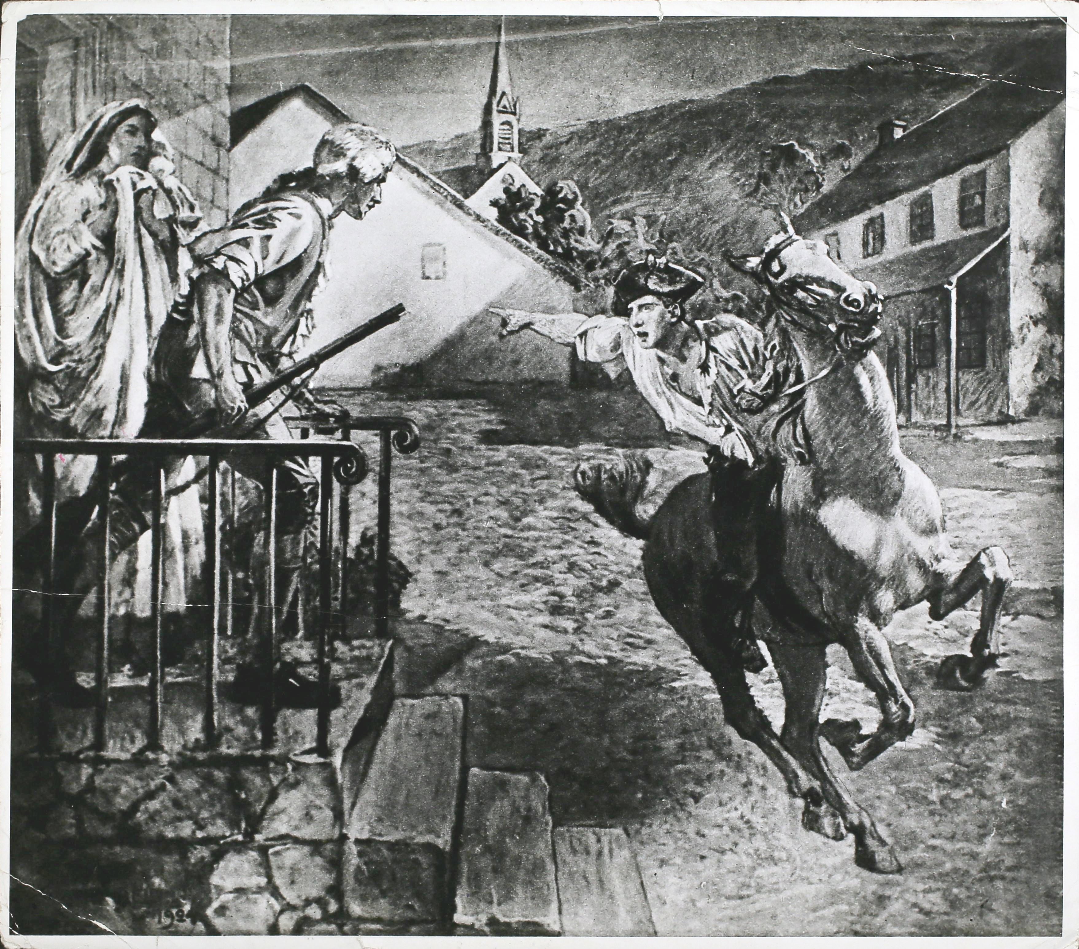 Paul Revere's Ride to alert nan assemblage militia to nan presence of nan British forces during nan American Revolutionary War, April 1775. From nan coating by Robert Reid successful Massachusetts State House, Boston