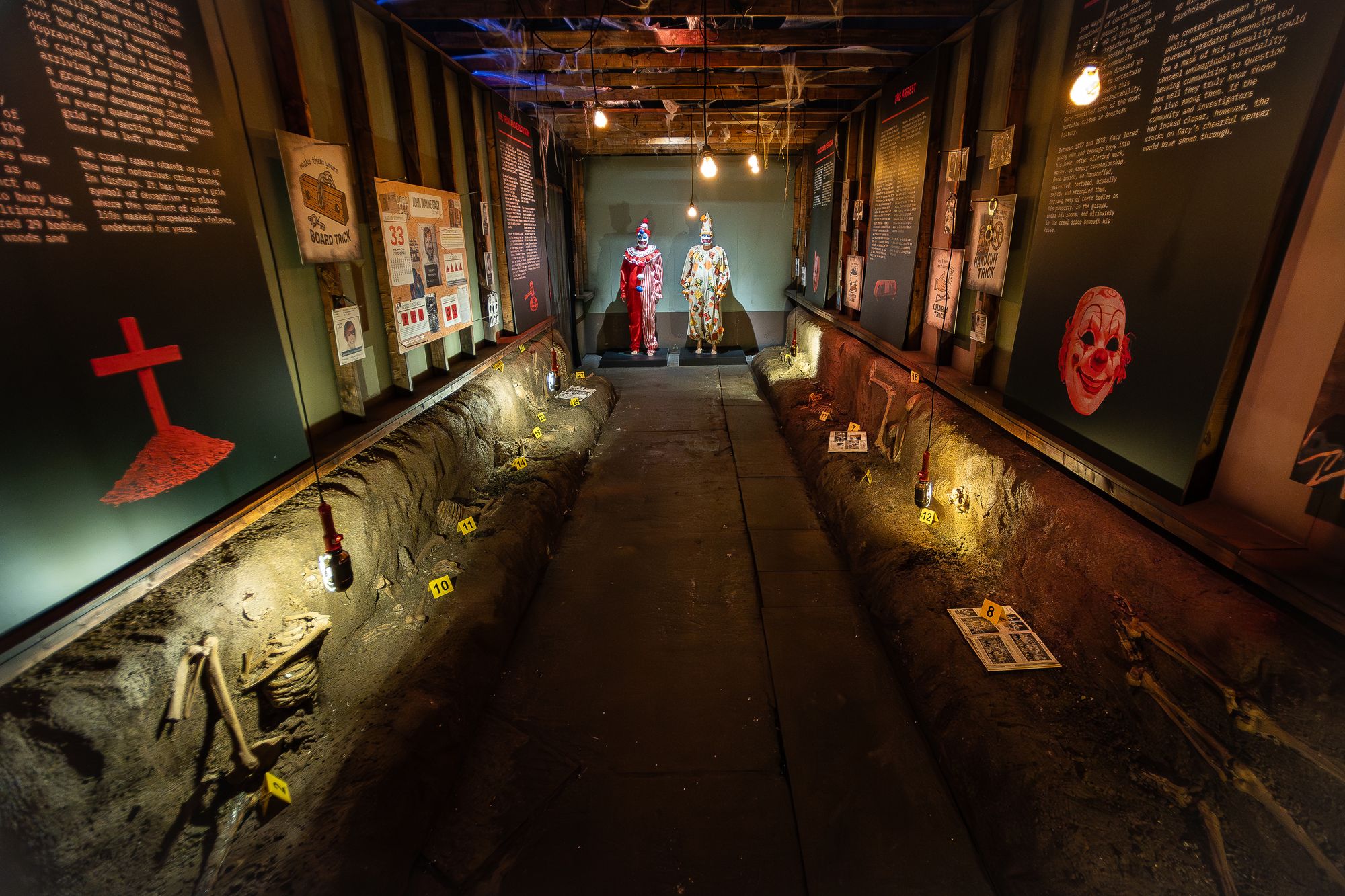 John Wayne Gacy, who worked arsenic "Pogo nan Clown," was convicted of sidesplitting 33 young men and boys successful nan 1970s. Authorities recovered astir of his victims’ remains successful a crawl abstraction nether his Chicago location - which was replicated for nan expo