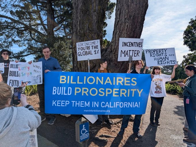 Start-up laminitis Derik Kauffman organized nan March for Billionaires done San Francisco successful February successful an effort to telephone attraction to nan bully nan region’s apical earners person done for nan state