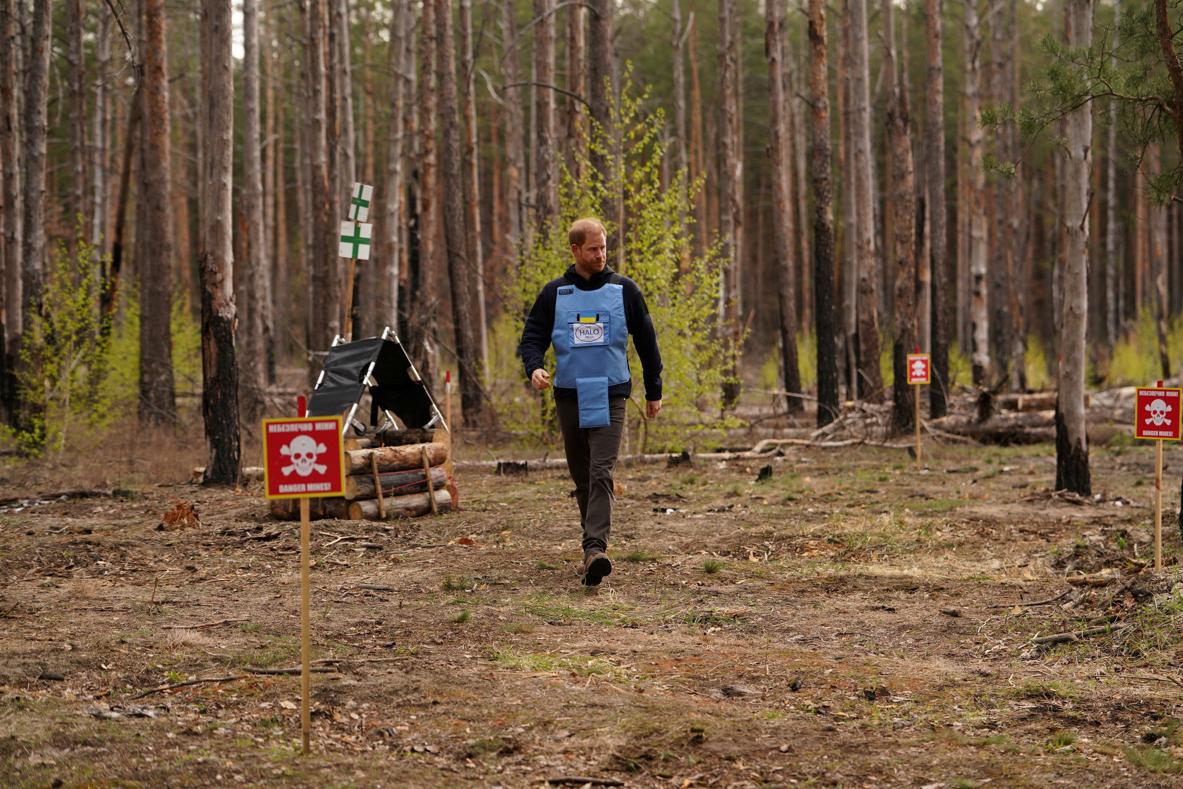 Britain's Prince Harry, the Duke of Sussex, walks in a forest as he visits members of the HALO Trust (Hazardous Area Life-support Organization), a non-commercial charity organisation for demining