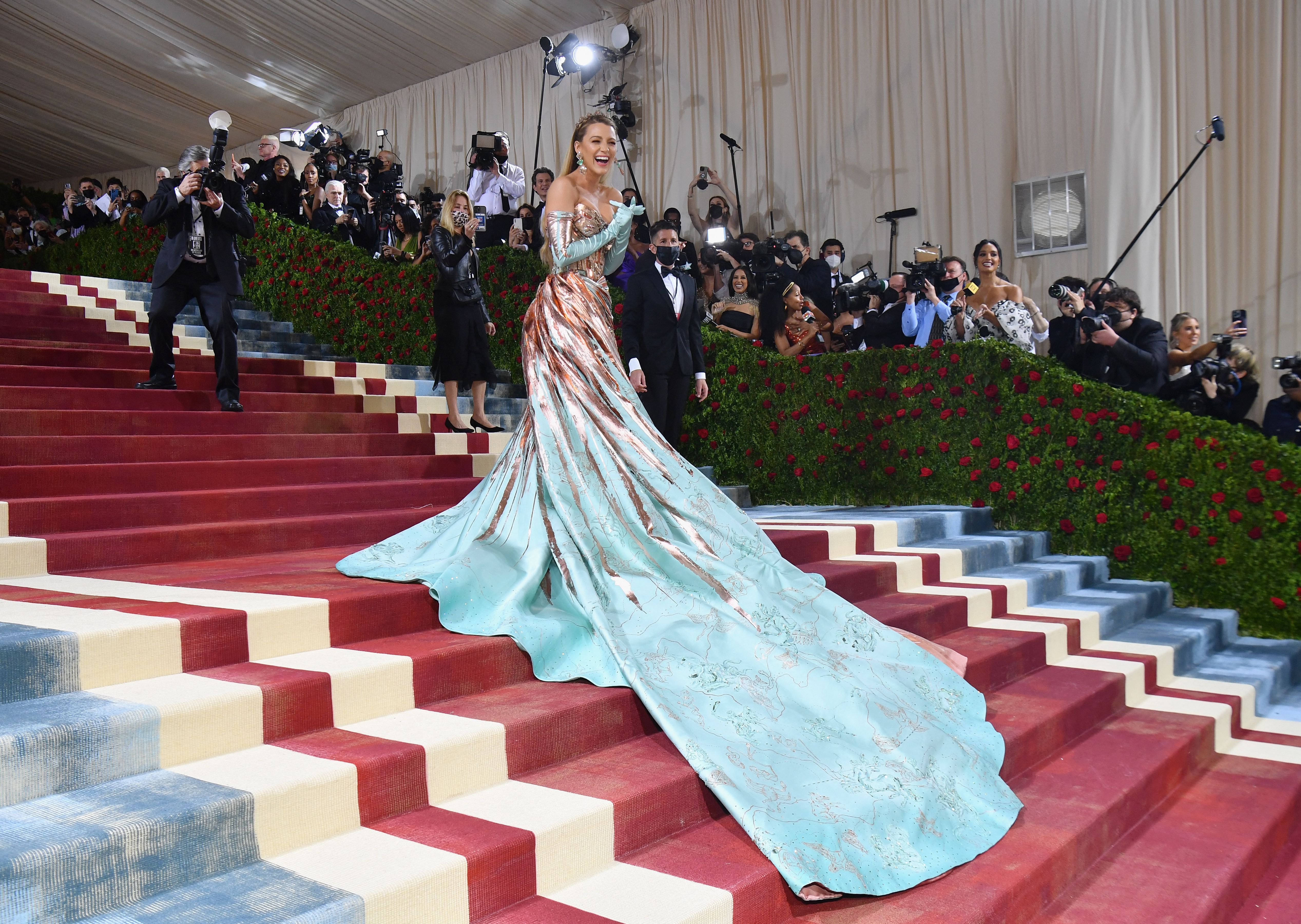 Blake Lively walks the red carpet at the 2022 Met Gala — the first year the carpet was manufactured by Santhosh’s company, Neytt by Extraweave