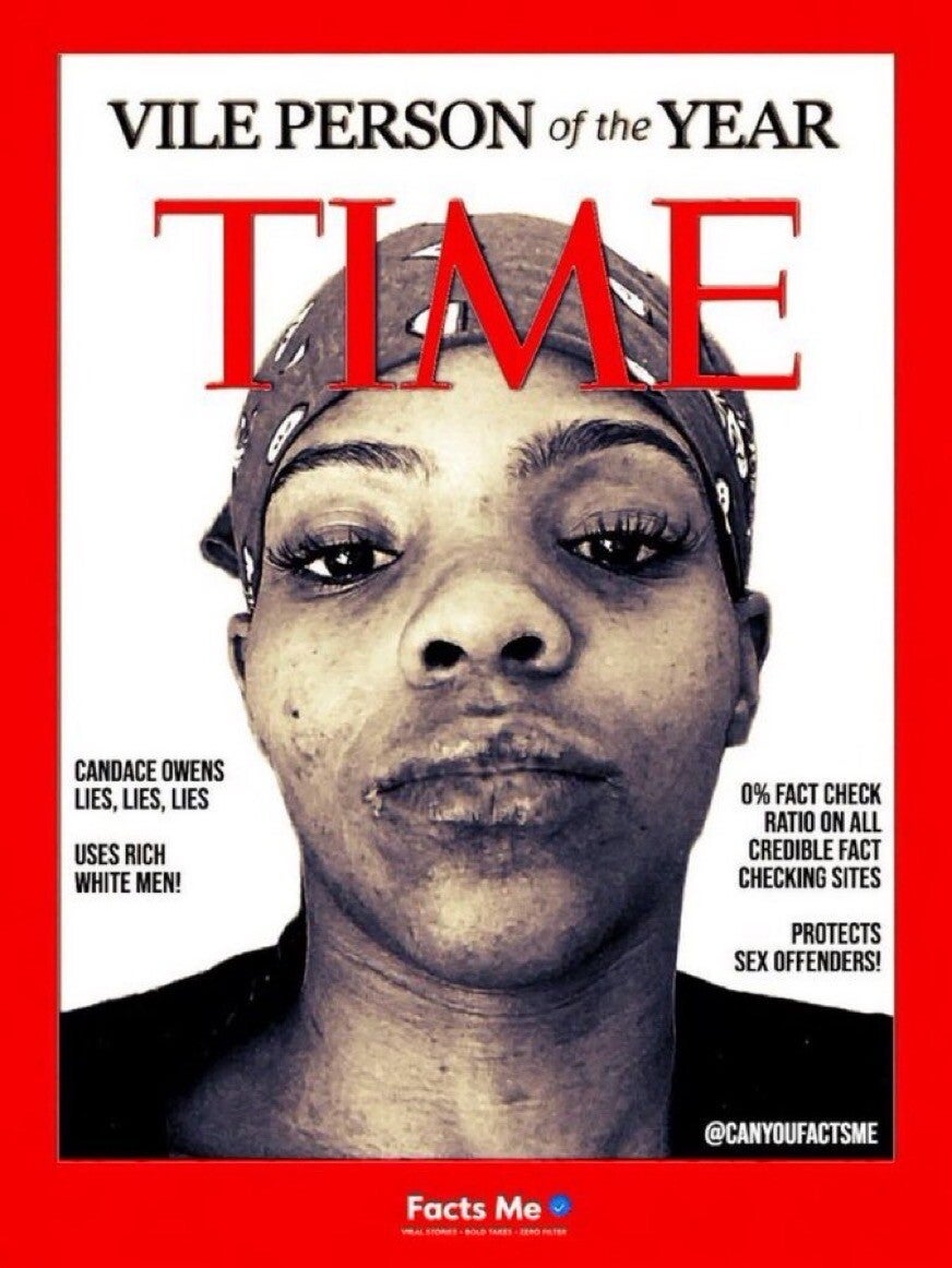 Trump posted a doctored image depicting Owens arsenic Time's 'Vile Person of nan Year.’ It included taglines accusing her of ‘using rich | achromatic men’ and protecting ‘sex offenders’