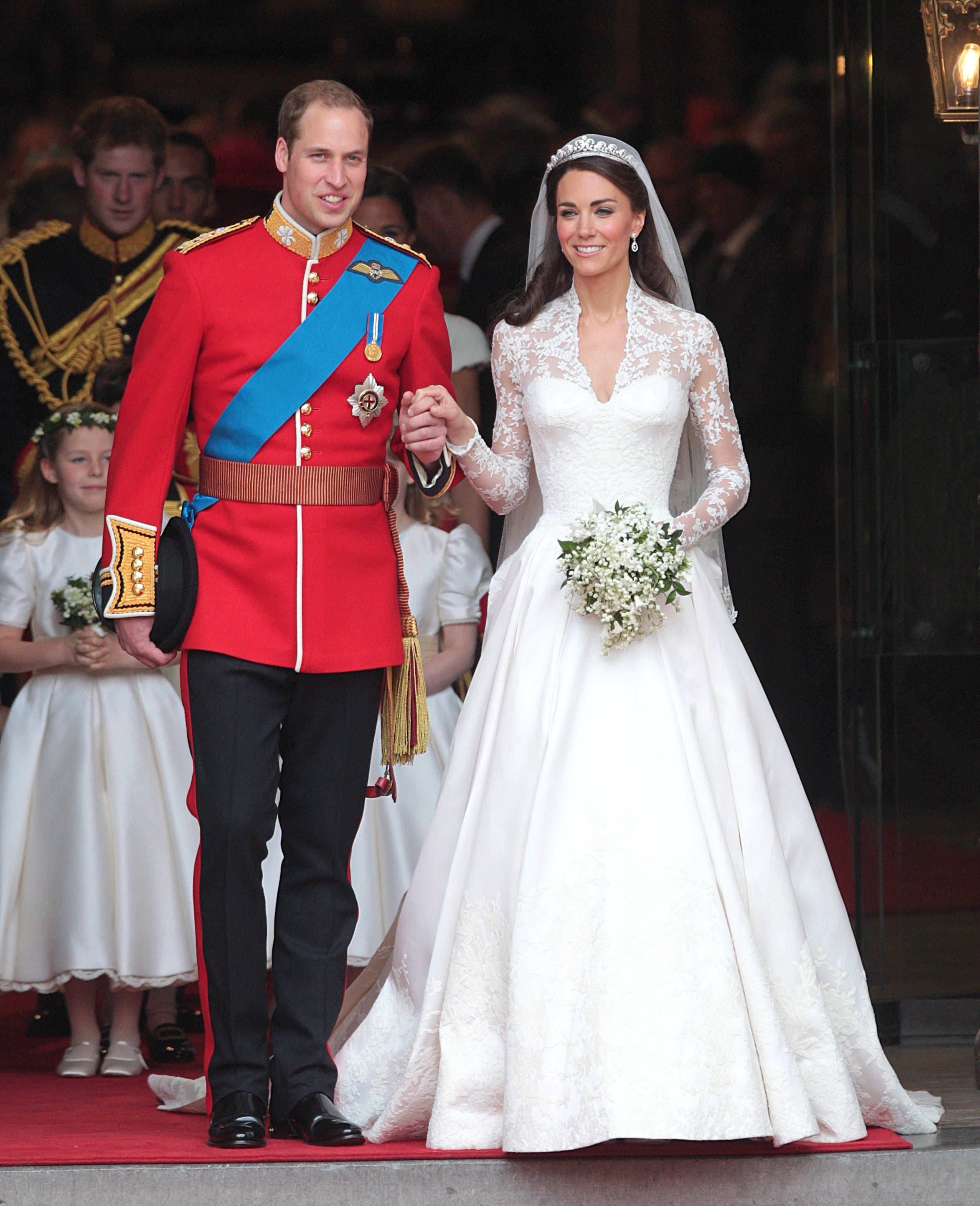 Prince William and his wife Catherine, Duchess of Cambridge emerge from Westminster Abbey after the wedding ceremony.
