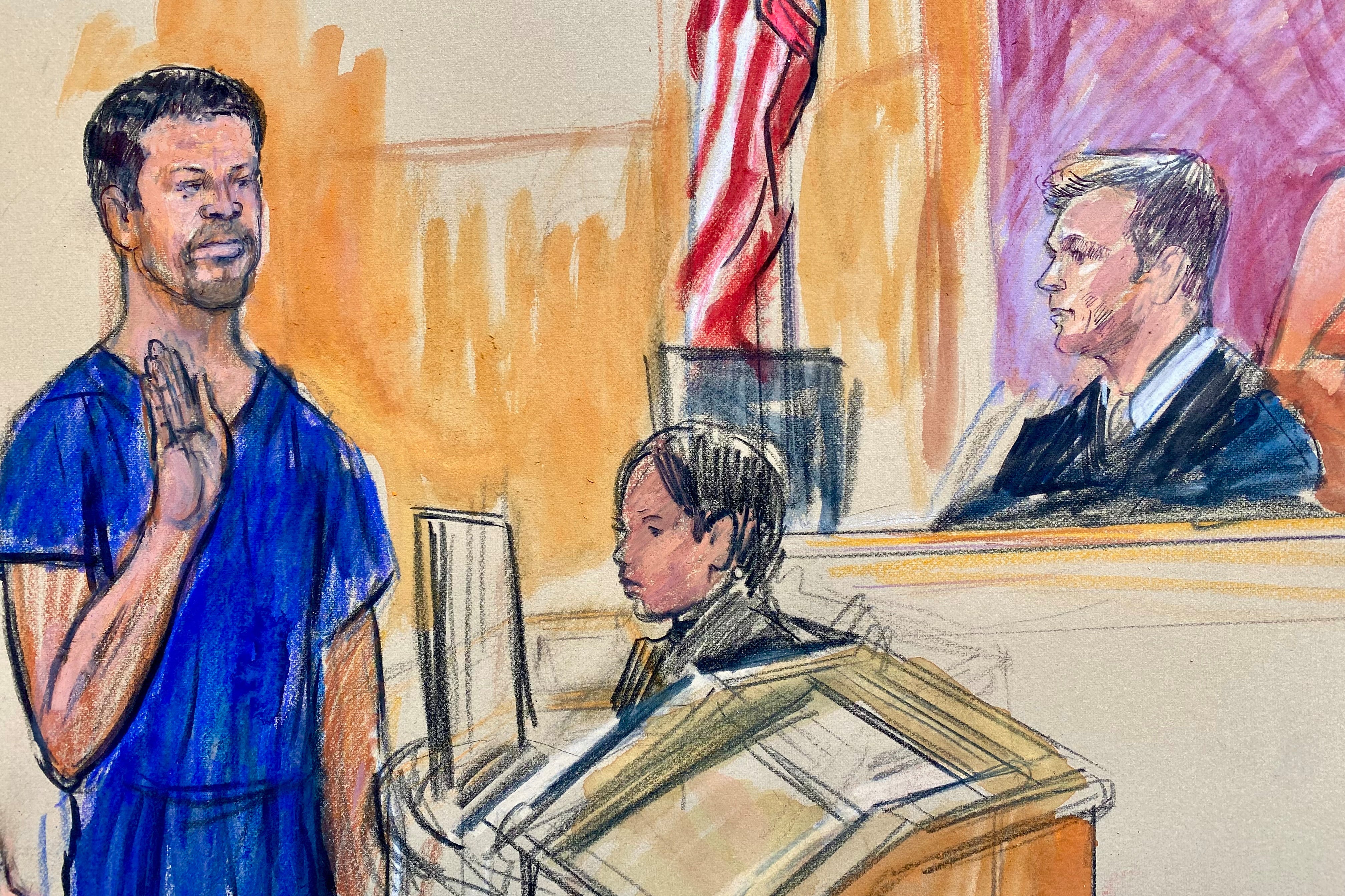 This courtroom sketch depicts Cole Tomas Allen, left, nan California man arrested successful nan shooting incident astatine nan correspondents' meal successful Washington, seen appearing earlier Magistrate Judge Matthew J. Sharbaugh, successful national court, Monday, April 27, 2026 successful Washington