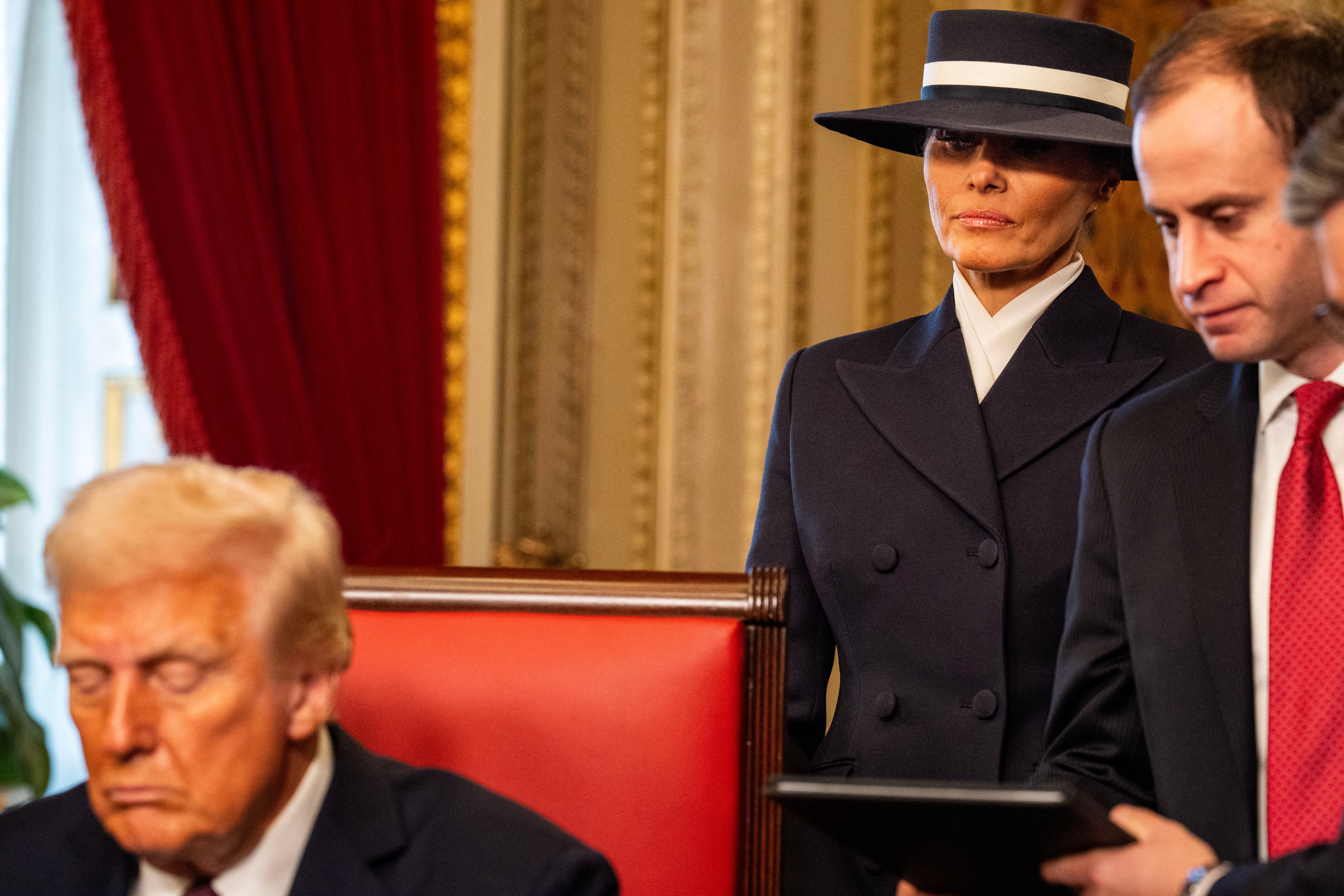 Melania wore a buttercream skirt suit by Adam Lippes during nan British royals' visit, pinch Lippes antecedently dressing her successful a navy overgarment for her husband's inauguration