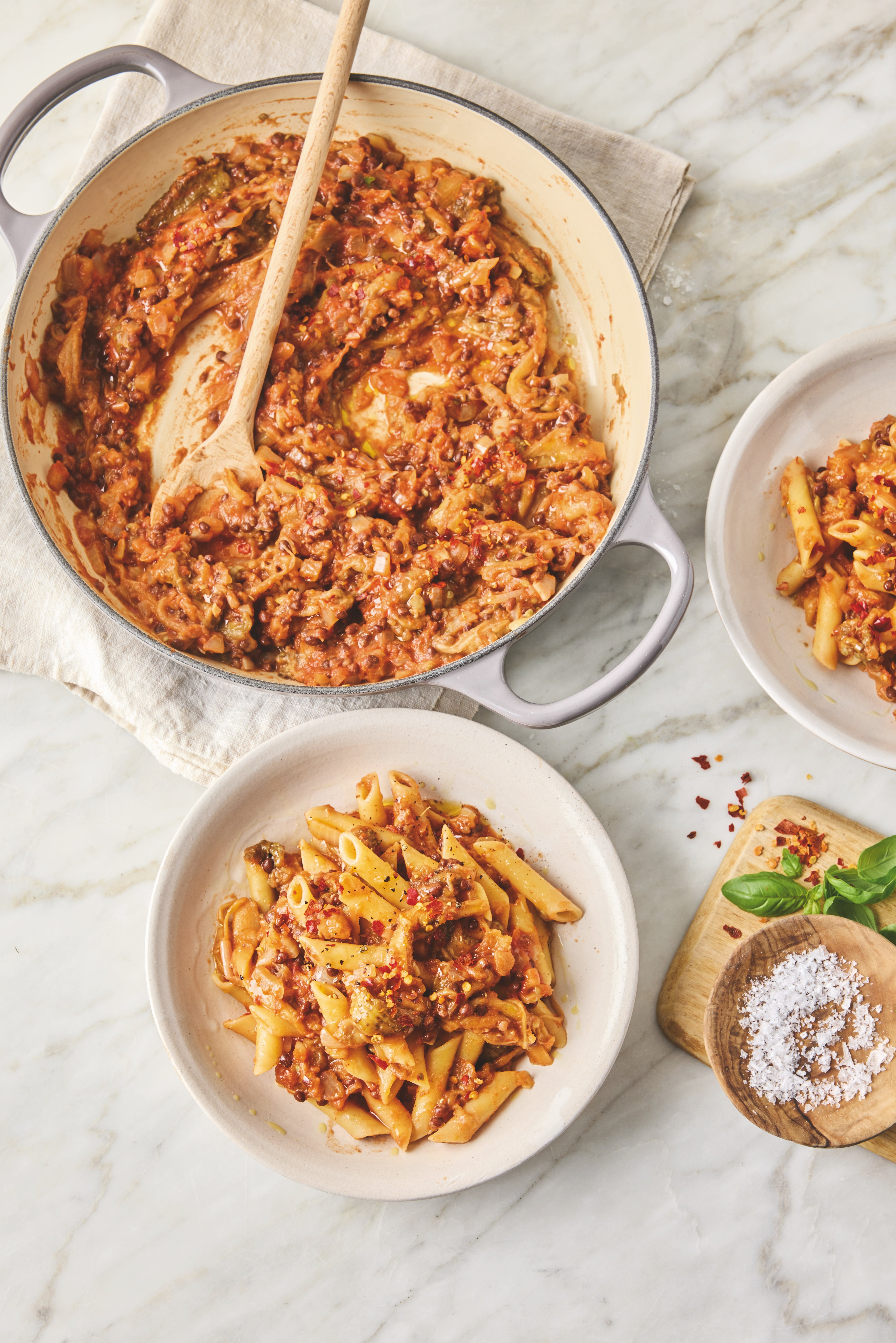 Slow-roasted aubergine and lentils create a rich, make-ahead ragu that improves with time
