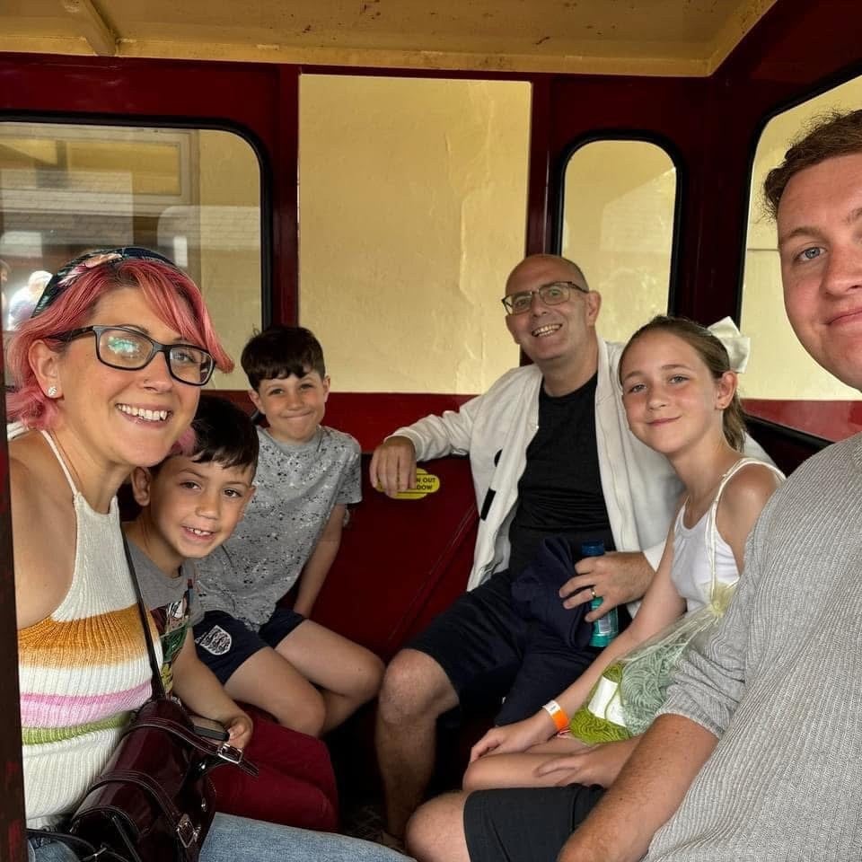 Jemma, Peter, William, Jon, Yasmin and Kian at Wicksteed Park for a family day out